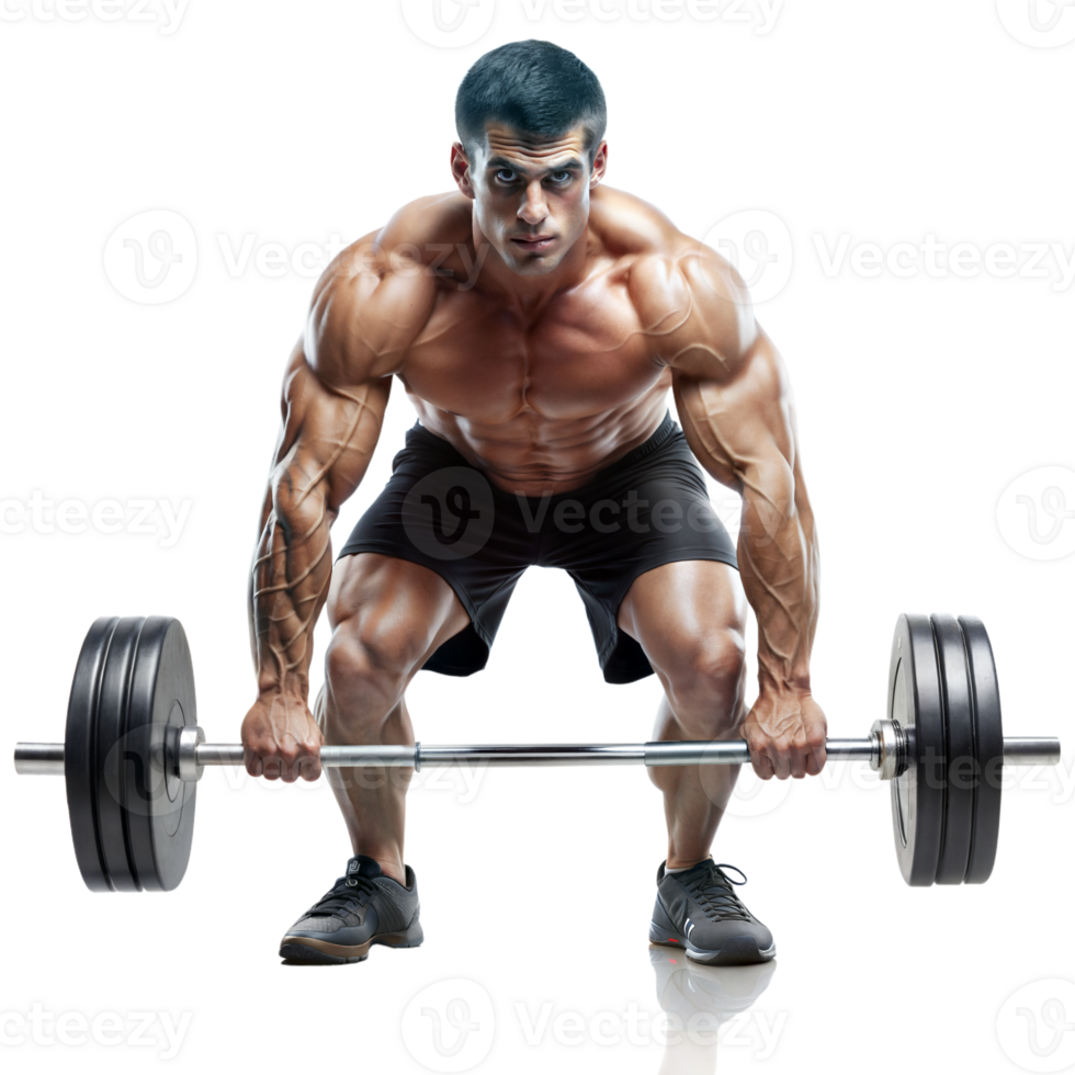 Muscular athlete lifting weights with focus and determination png