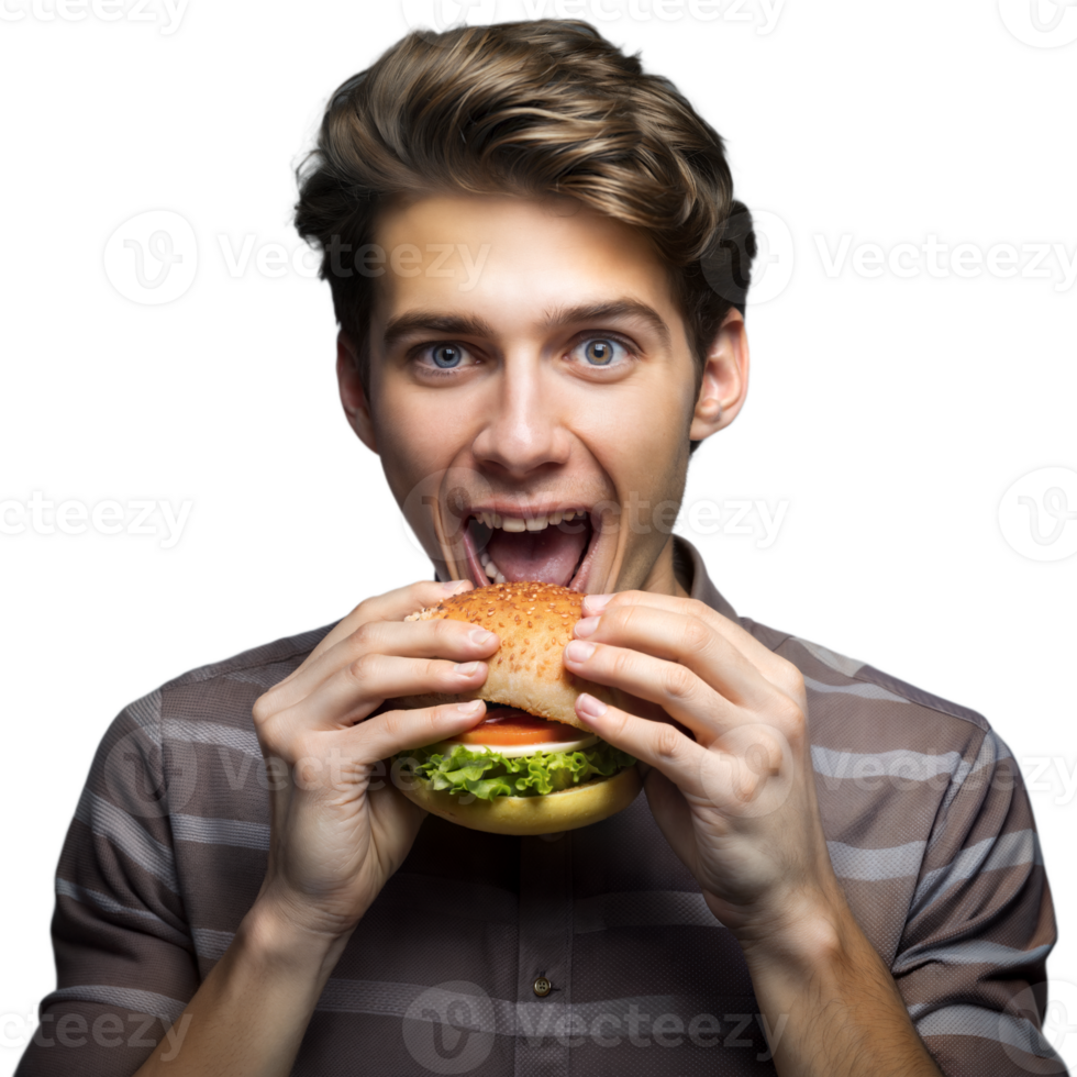 Excited young man enjoying a tasty burger png