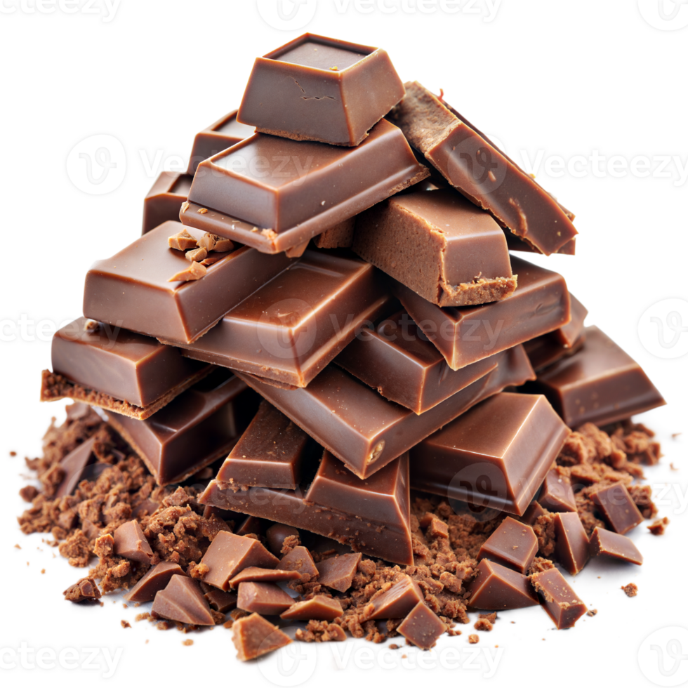 A stack of dark chocolate pieces surrounded by chocolate shavings png