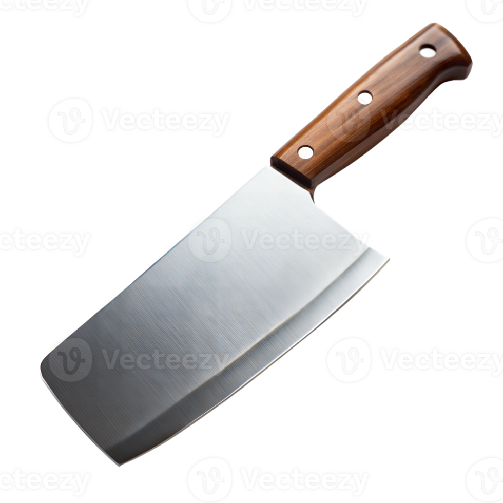 Steel cleaver with a brown wooden handle on a transparent backdrop png