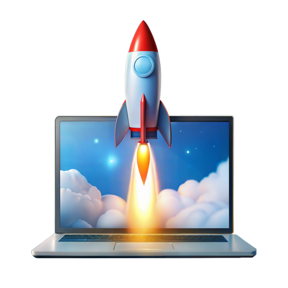 A stylized rocket takes off from a laptop png