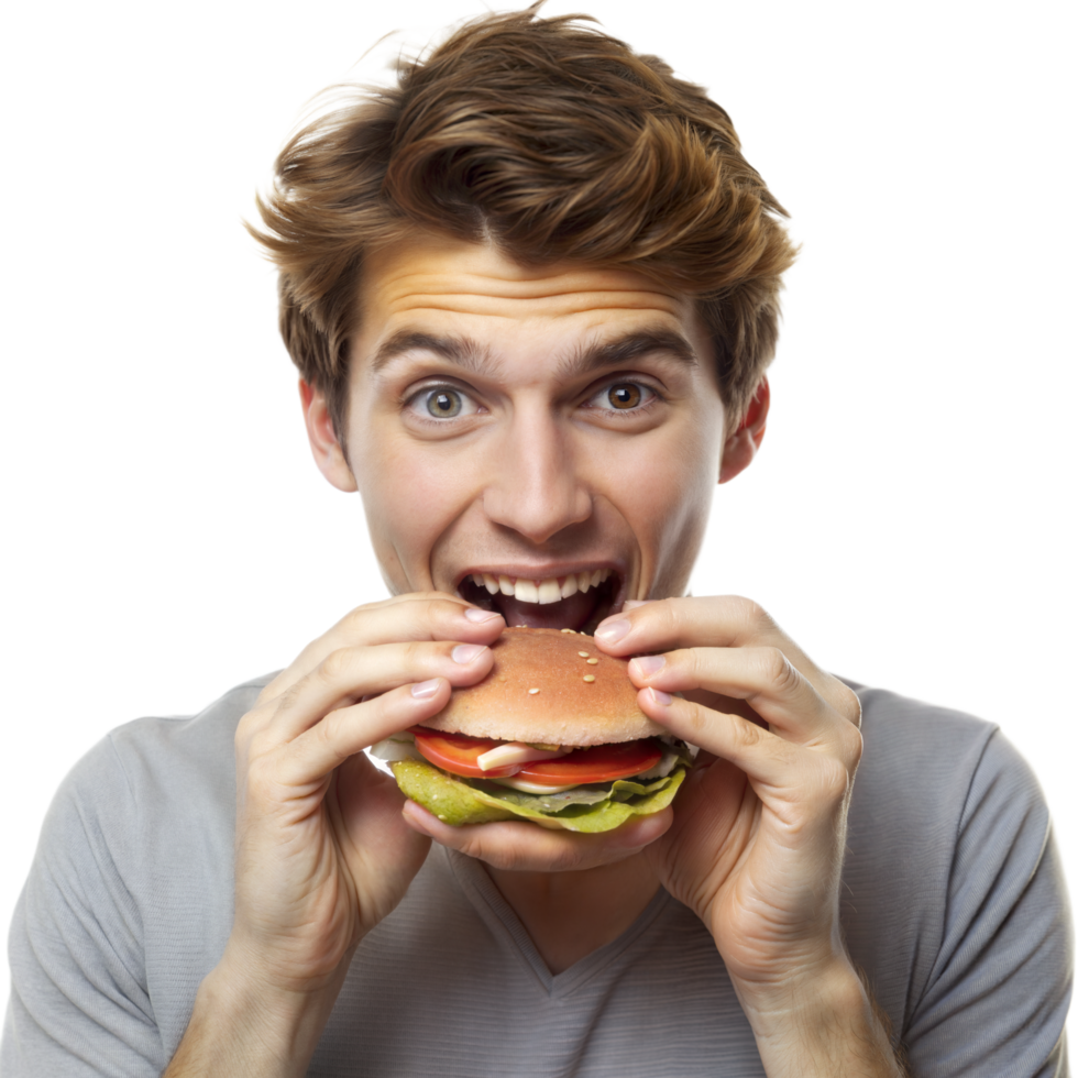 Excited man enjoying a big, delicious burger png