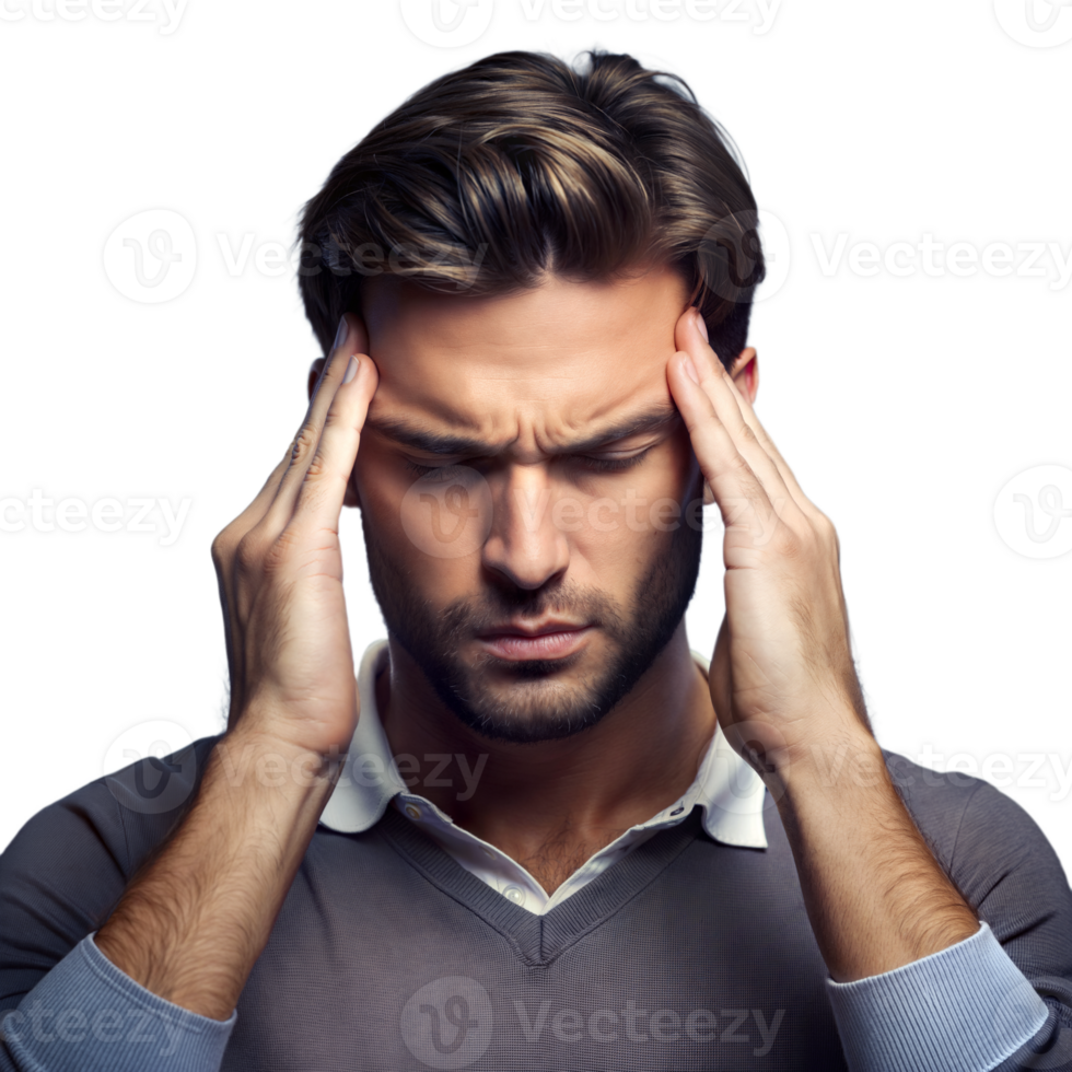 Man holding his head in pain, showing signs of distress png
