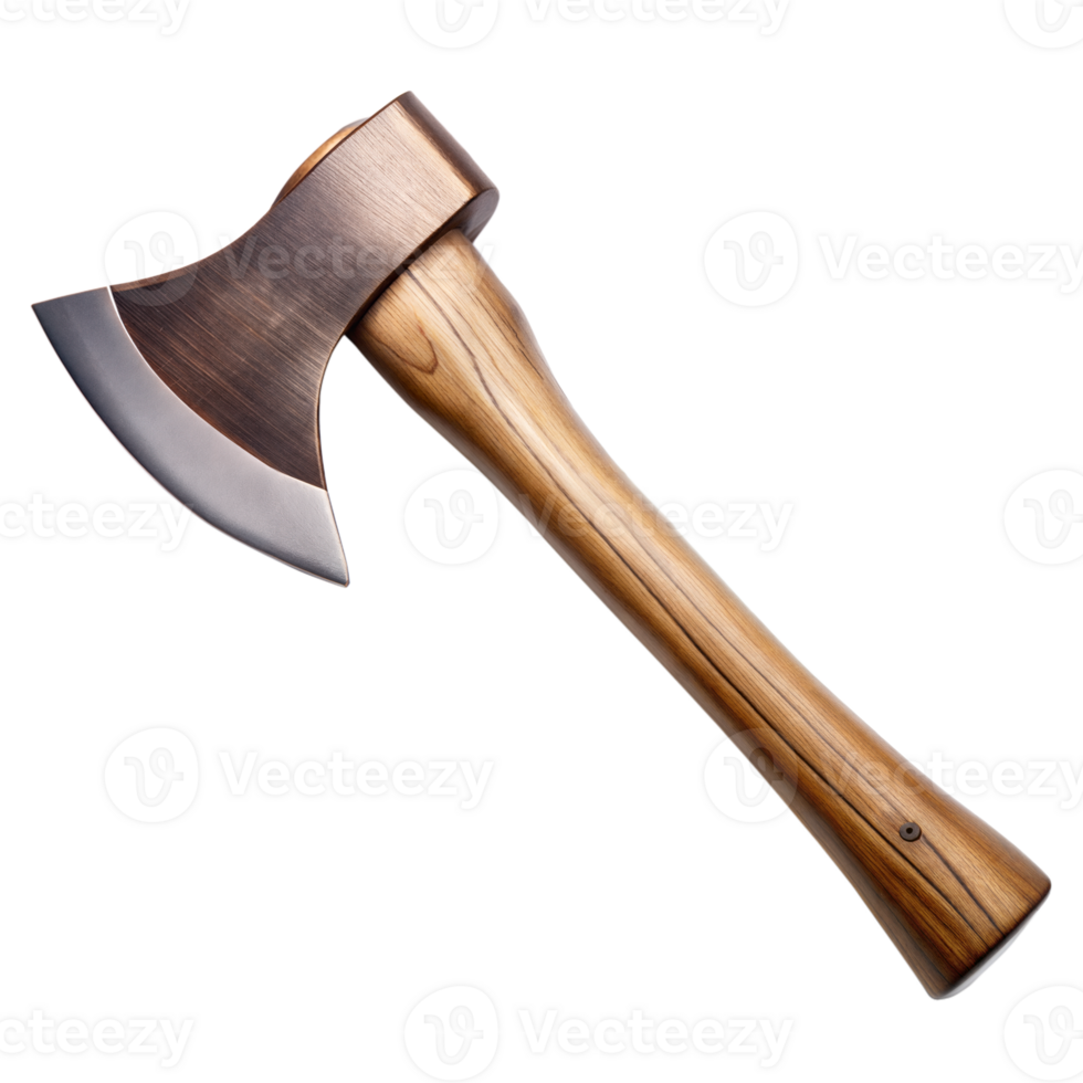 A sharp axe with a wooden handle on a transparent backdrop png