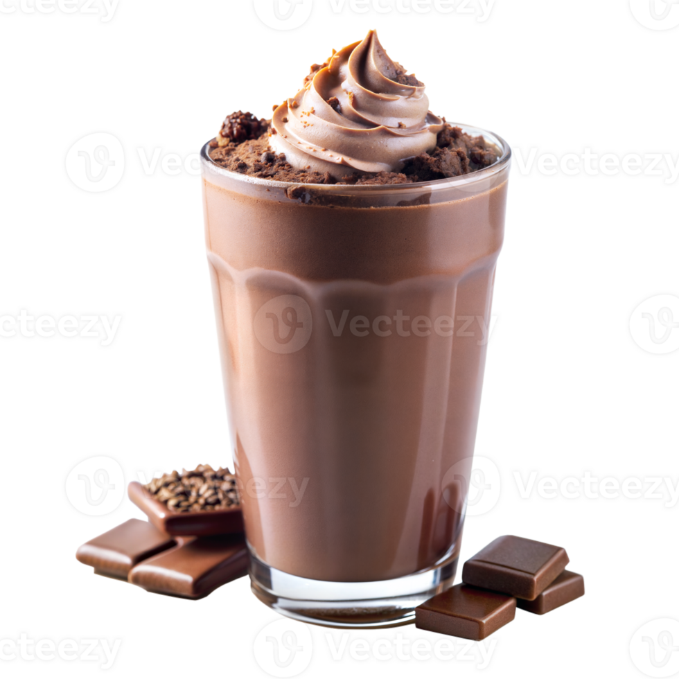 Chocolate milkshake with whipped cream, served in a clear glass png