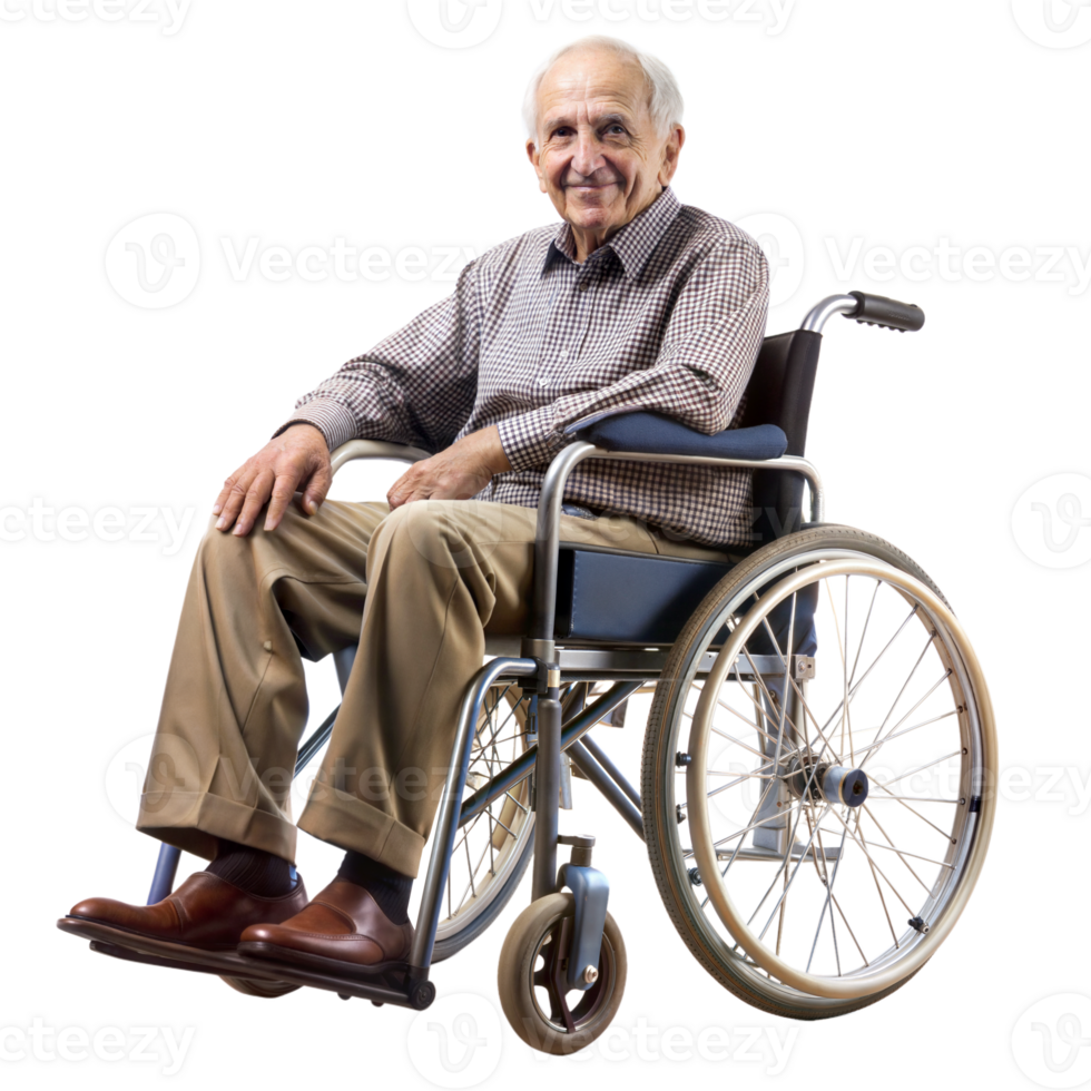 Senior man in wheelchair displaying a warm smile png