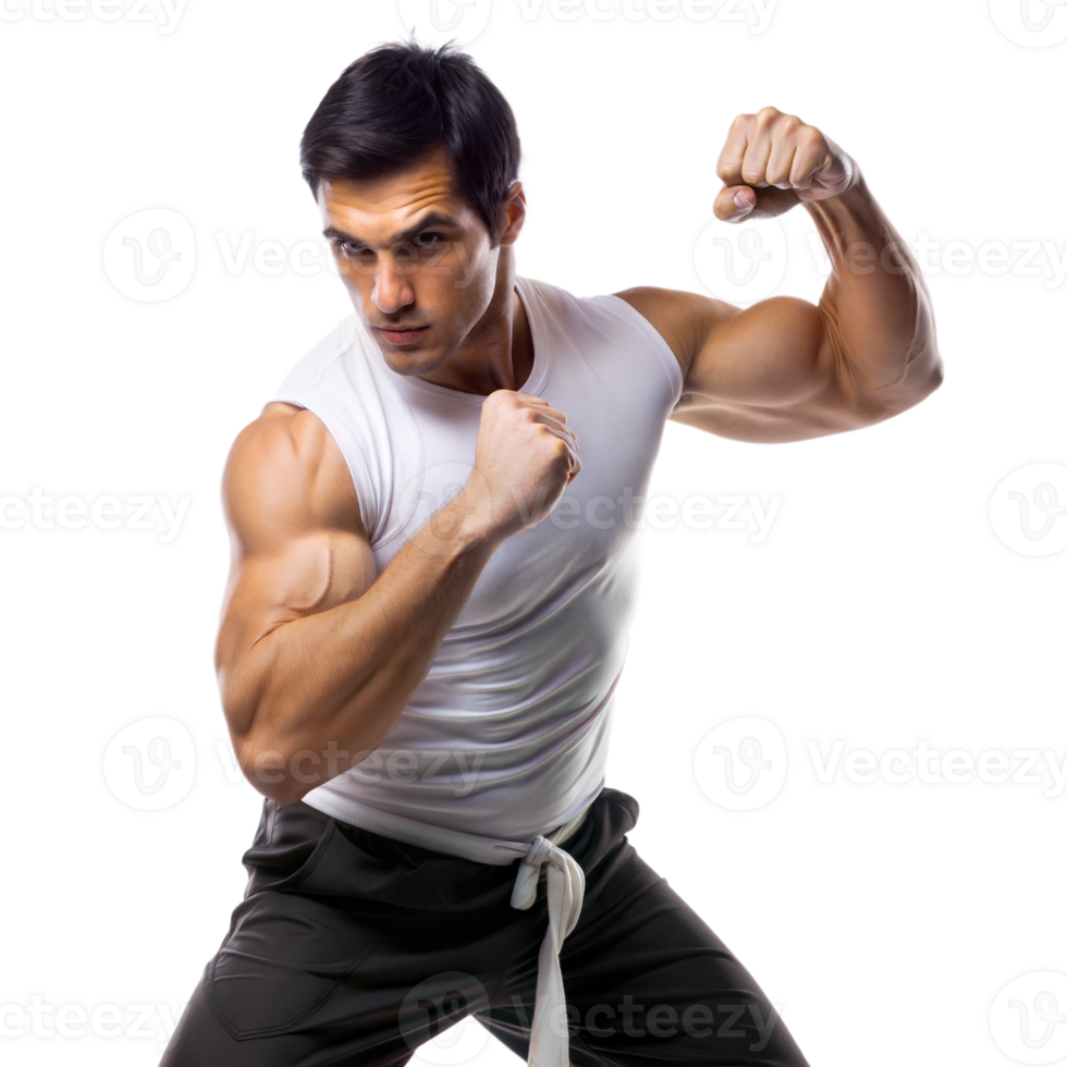 Muscular man in a karate uniform poses ready for combat png