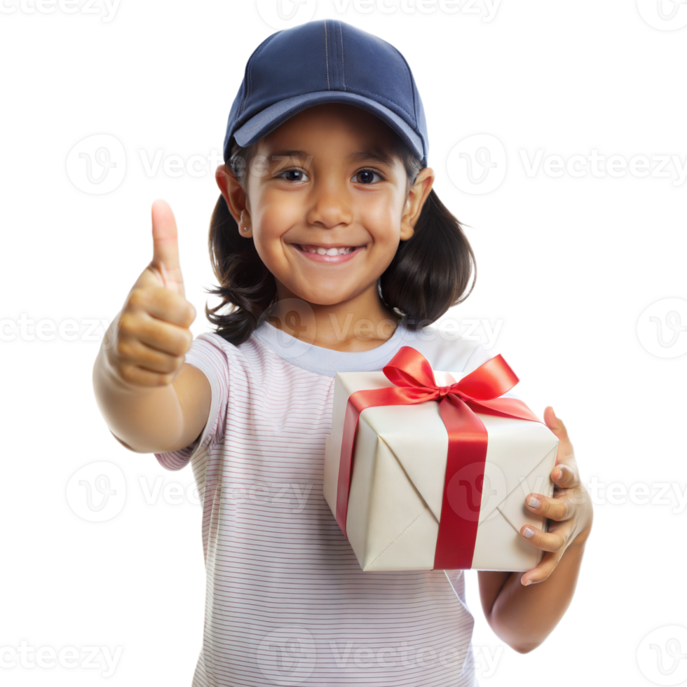 Cheerful child with present showing approval with a gesture png