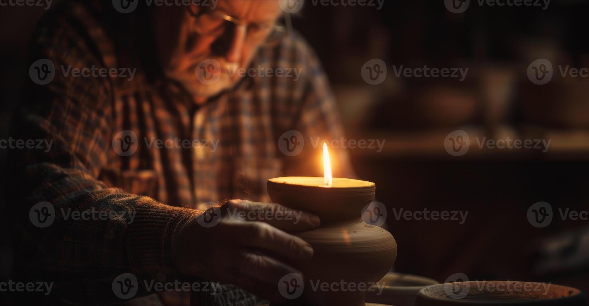 The candles flame casts a soft glow on the potters face revealing their focused and determined expression as they create. 2d flat cartoon photo