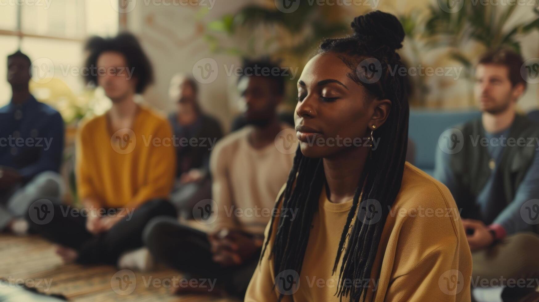 A group of diverse individuals ranging in age and background sit in a circle with their eyes closed deeply focused on a guided meditation session photo