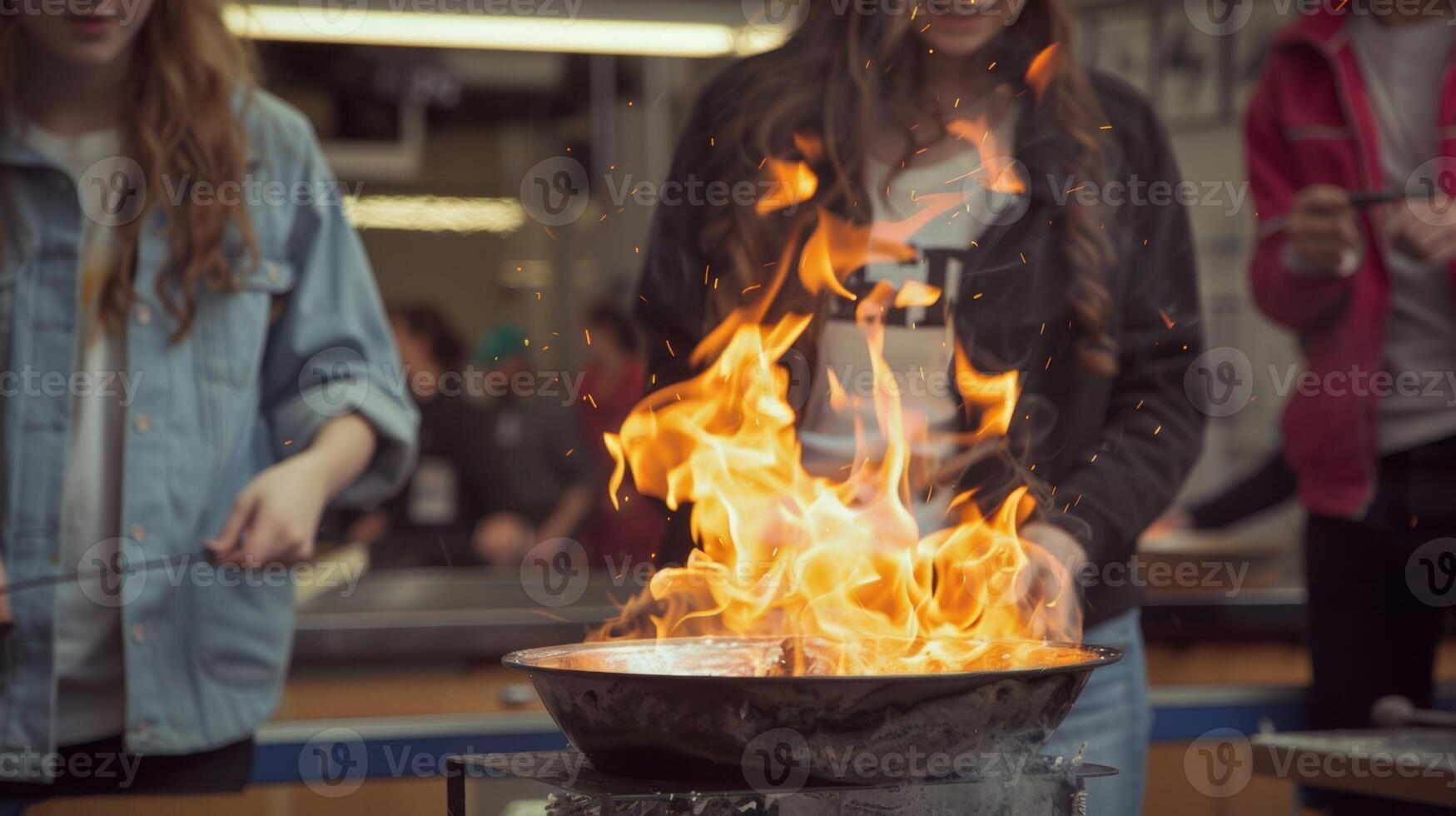 The workshop is alive with the sound of crackling flames and the occasional burst of laughter from the students. 2d flat cartoon photo