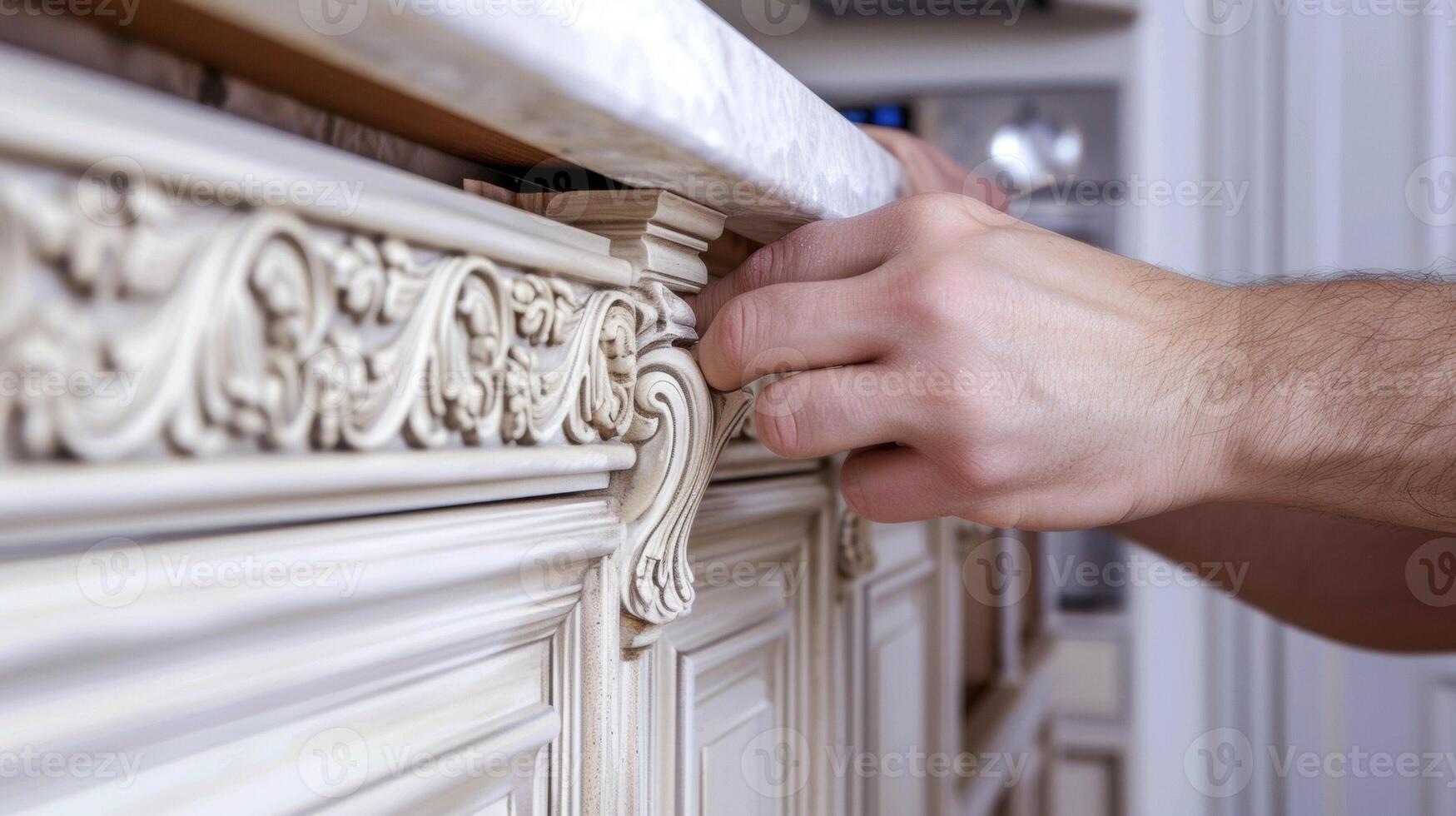 A homeowners hands carefully securing a decorative trim to their kitchen cabinets adding a touch of elegance to the space photo