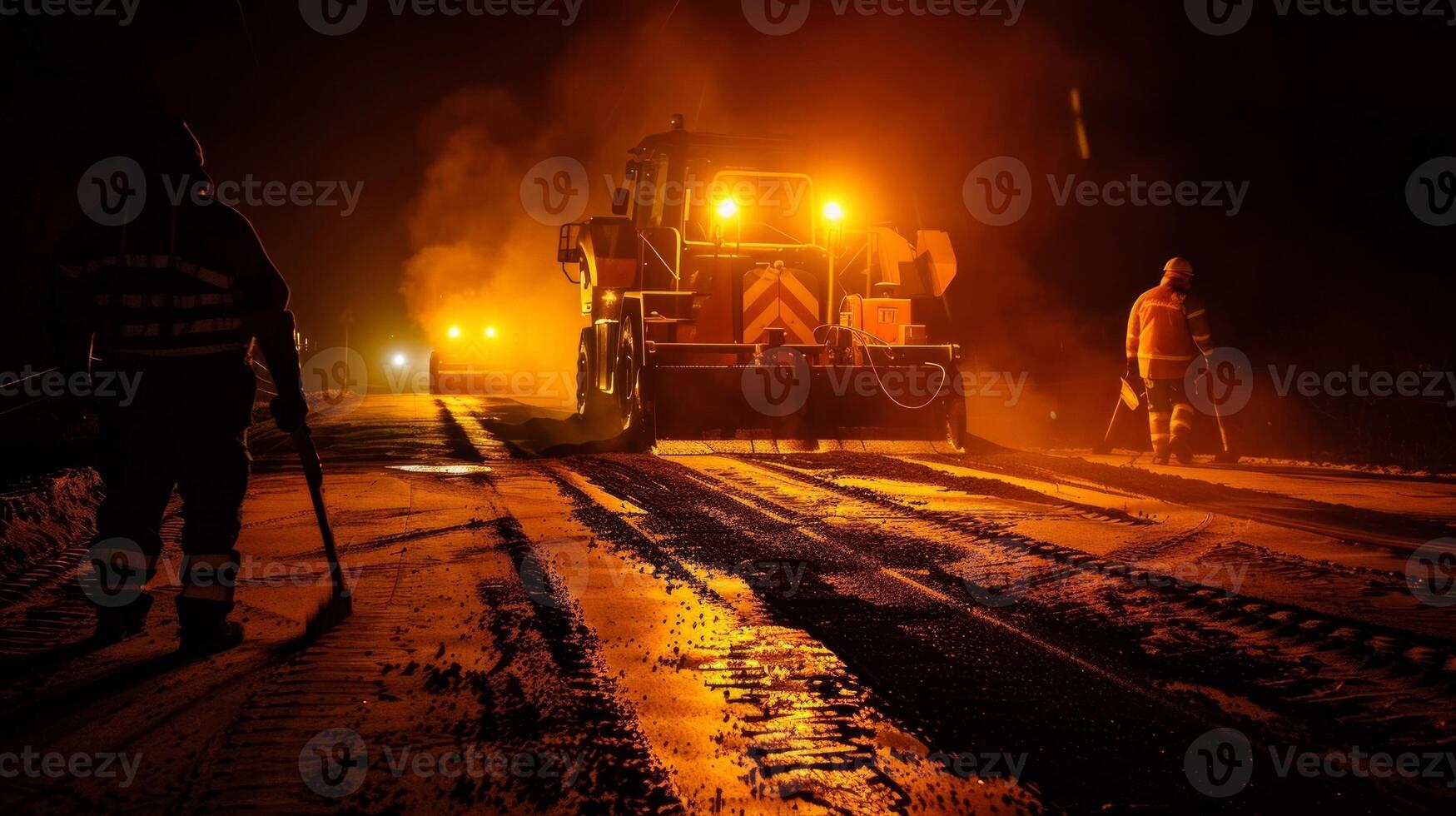The eerie glow of a streetlight casts a soft orange hue over a team of workers laying down fresh asphalt in the dead of night guided only by the reflective strips on their equipment photo