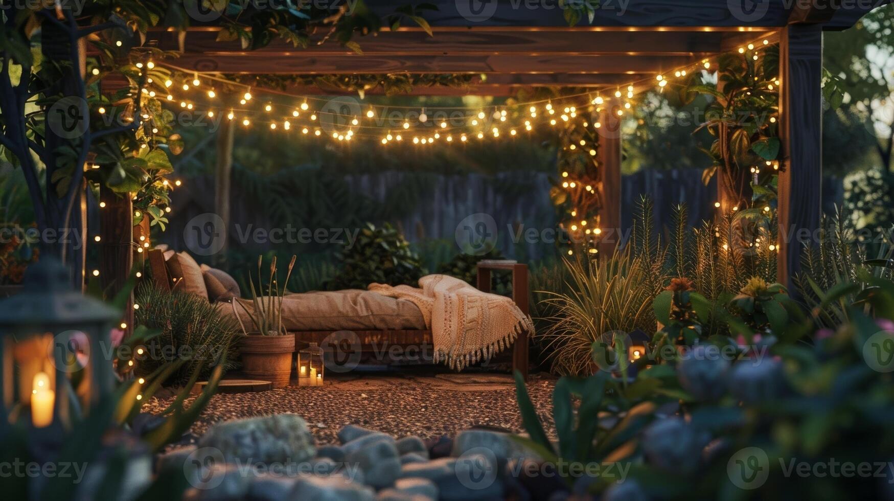 A cozy nook nestled under the string lights providing a tranquil escape for each potter. 2d flat cartoon photo