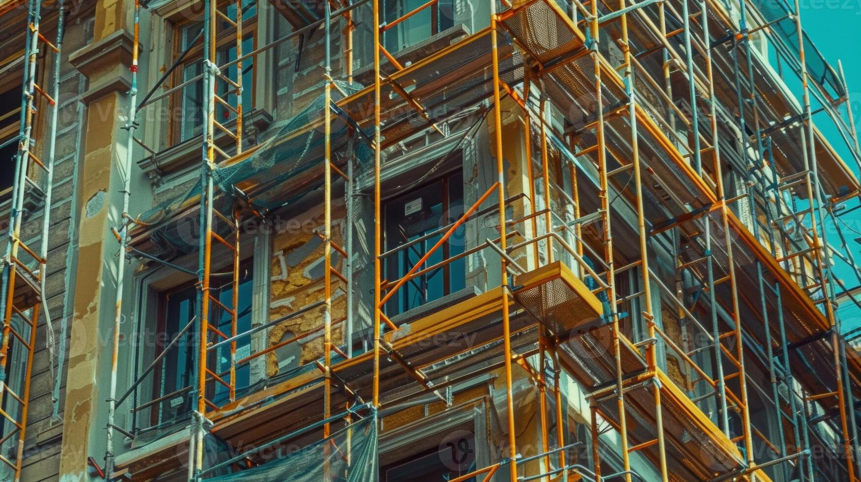 el andamio gradualmente siendo remoto como el edificio se acerca terminación Listo a revelar el nuevo estructura foto