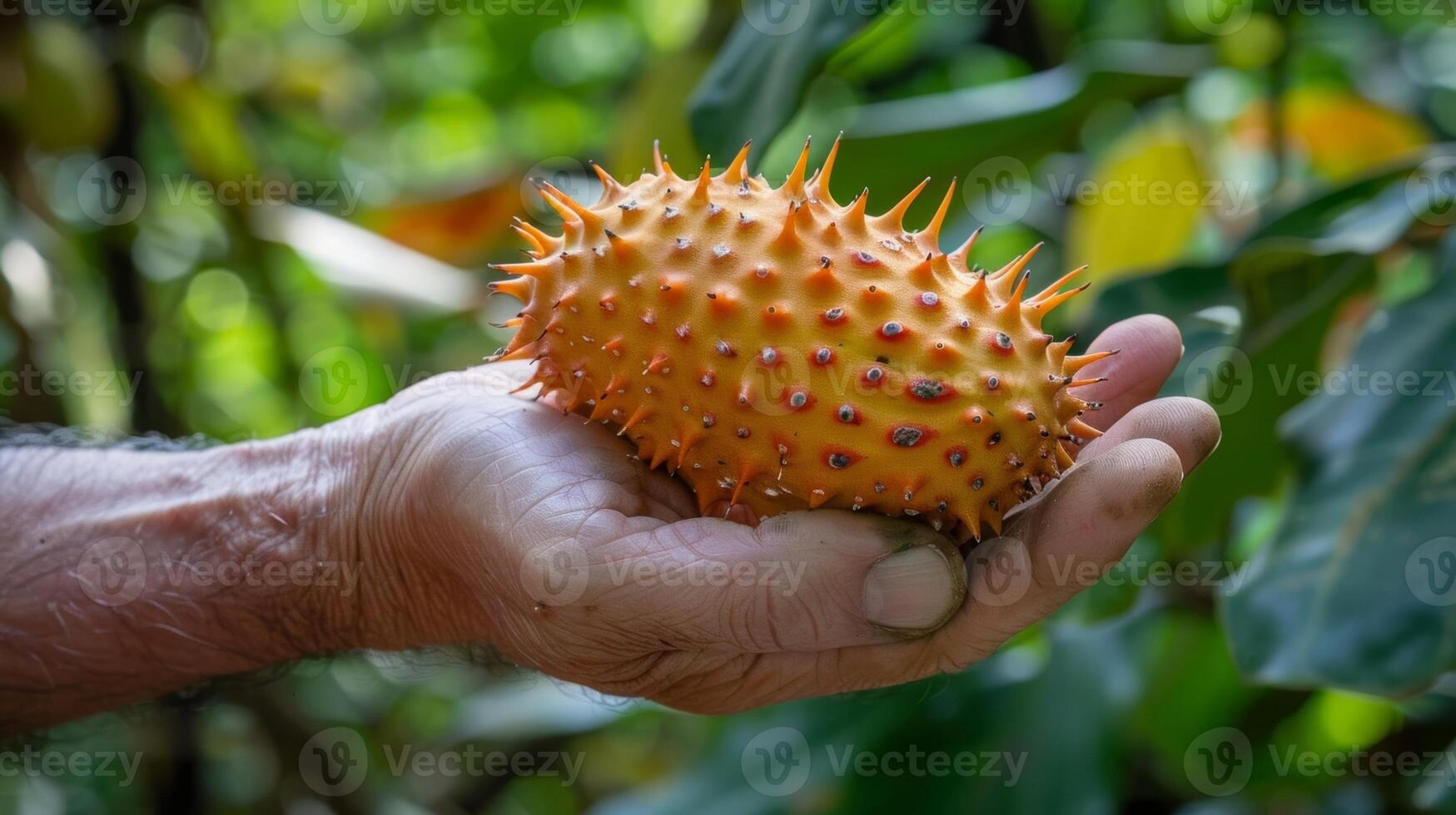 A guide holding up a long elongated fruit with a spiky exterior while explaining its distinct taste and how it is used in local cuisine photo