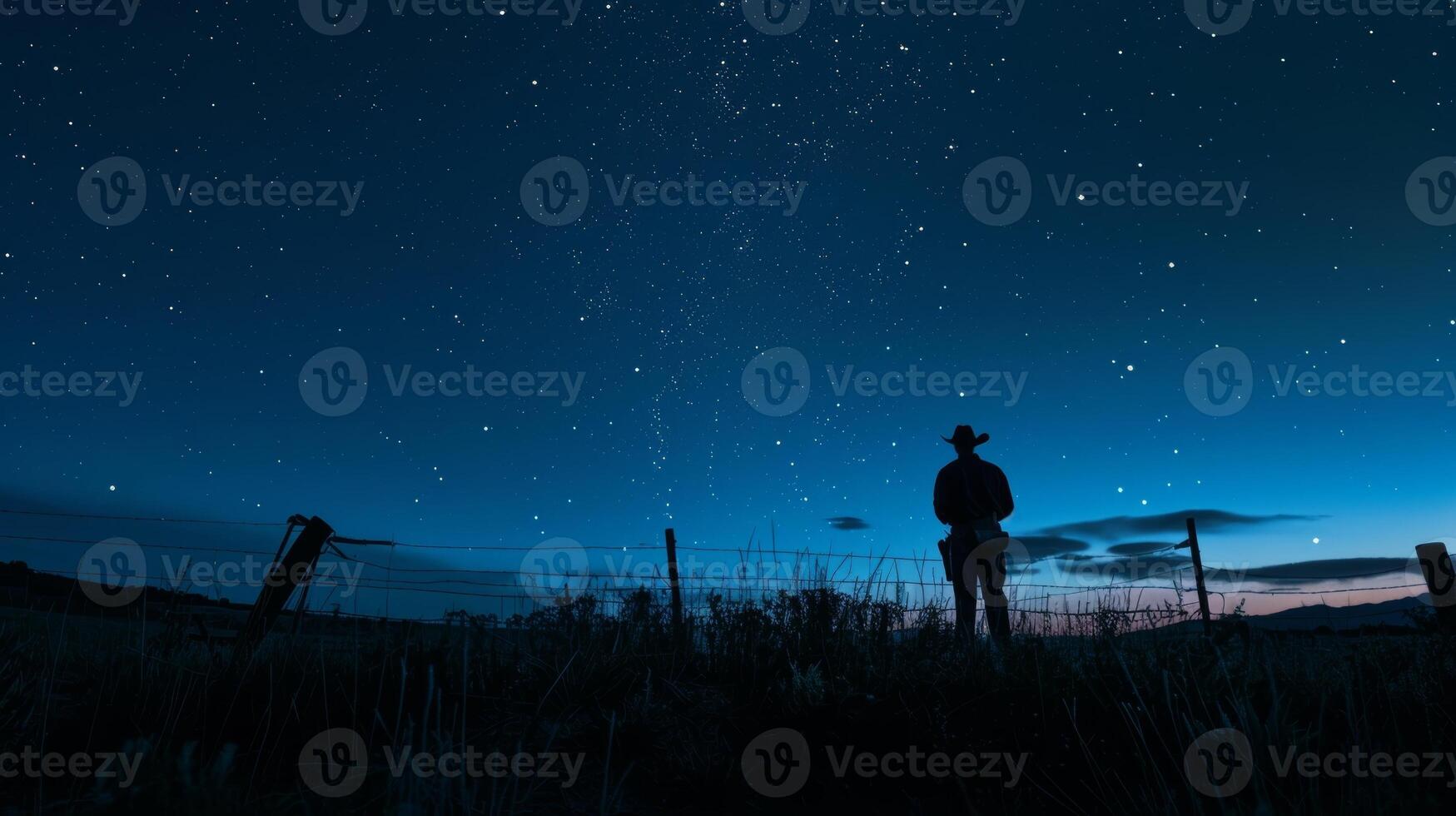 A starry night sky with the rancher making his final rounds to check on his livestock before tucking in for the night photo