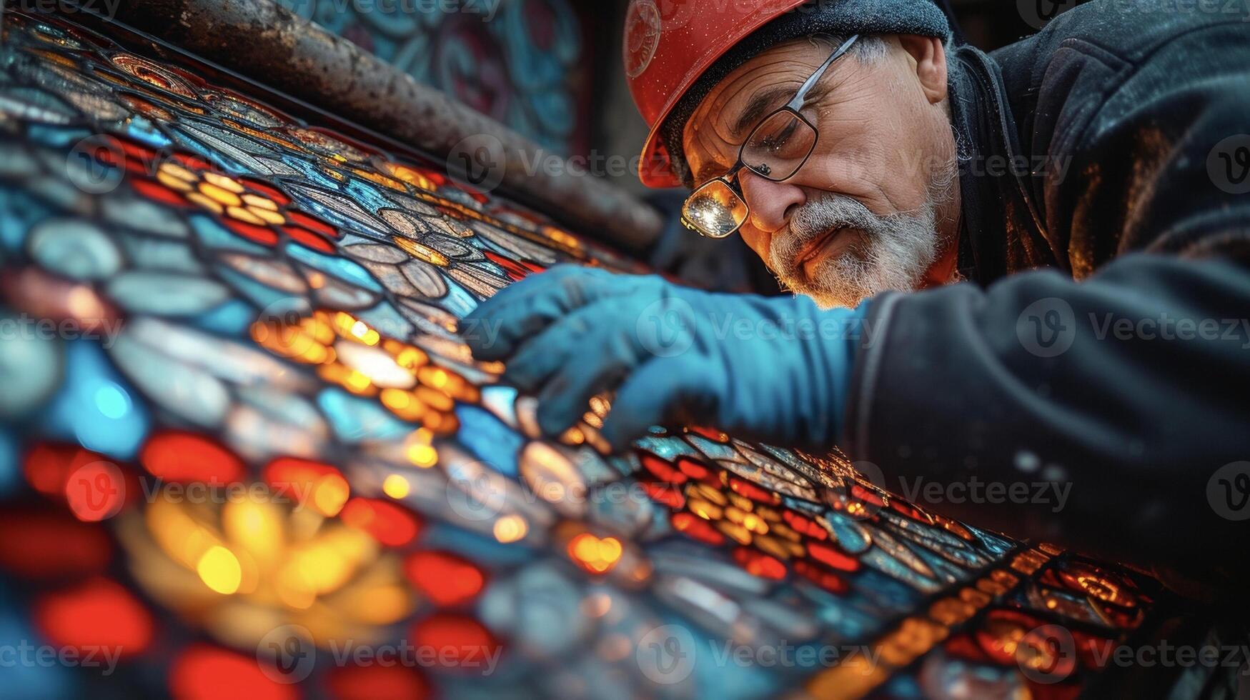 A beautiful stained glass panel being carefully cleaned and reinstalled into a rejuvenated vintage door adding a touch of color and uniqueness photo