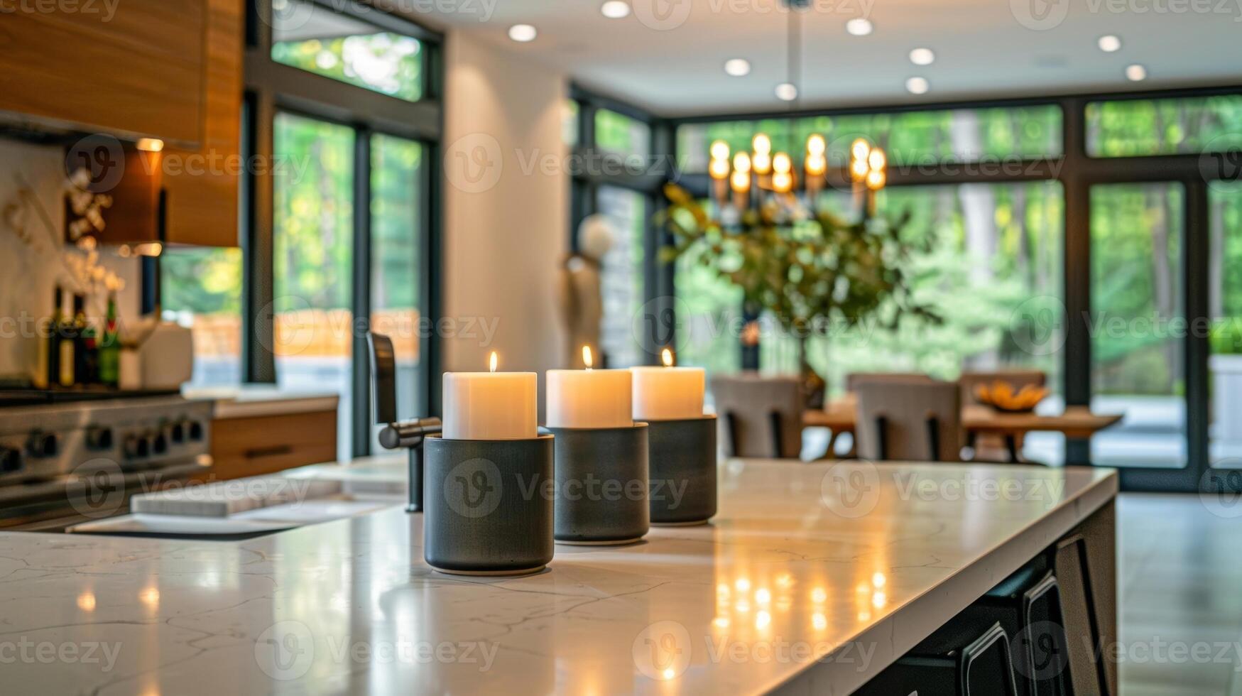 A modern kitchen island is elevated with a row of matte black pillar candles as the centerpiece adding a touch of sophistication to the space. 2d flat cartoon photo