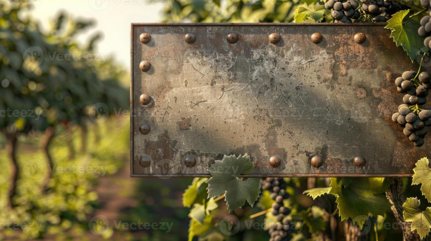 Blank mockup of a vintageinspired metal wine vineyard entrance sign with embossed lettering and a textured g leaf design. photo