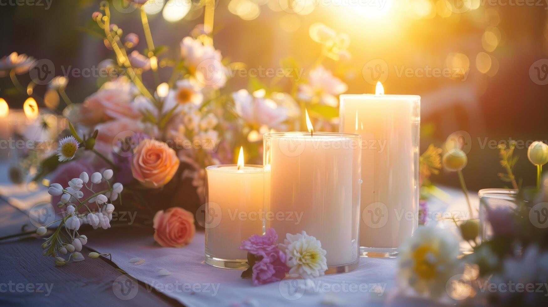 As the sun sets the candles provide a warm and cozy ambiance perfect for an intimate gathering of flower enthusiasts. 2d flat cartoon photo