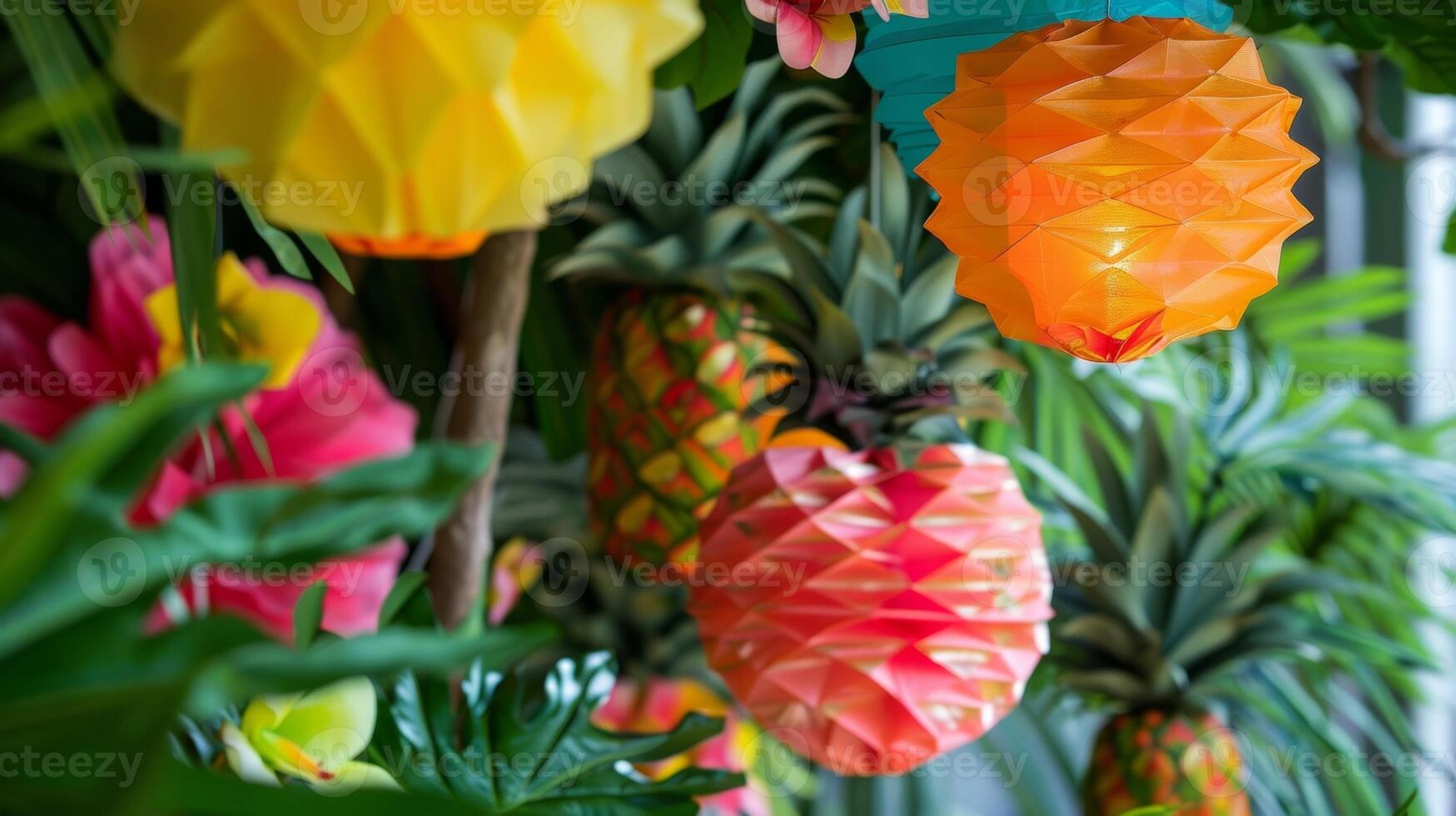 Colorful and vibrant tropicalthemed decorations such as pineapple lanterns and paper flower garlands adding to the festive ambiance photo