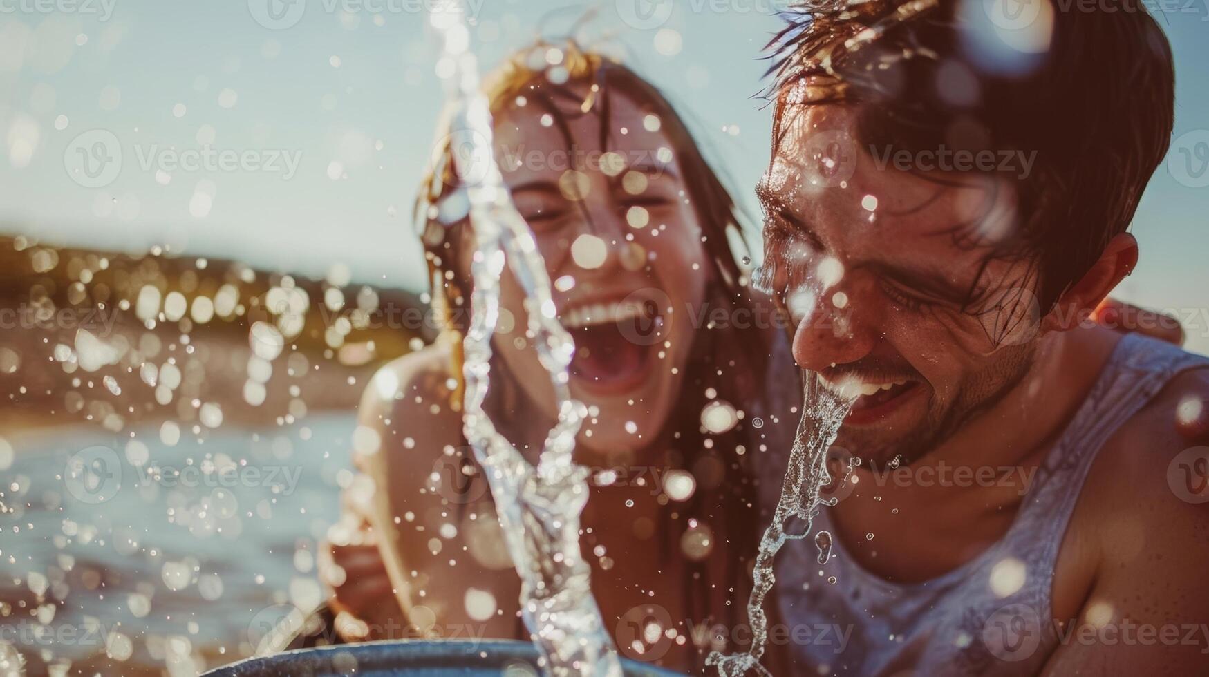 The couple playfully splashes each other with cold water from a bucket laughing and letting go of builtup tension. photo