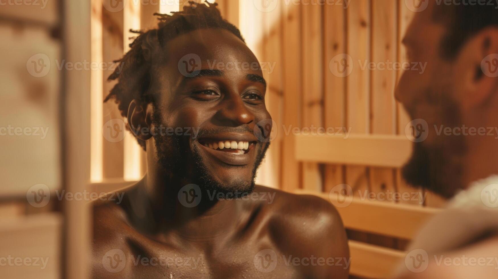 A man in a sauna smiles as he shares with a friend how regular sauna use has significantly decreased his back pain. photo