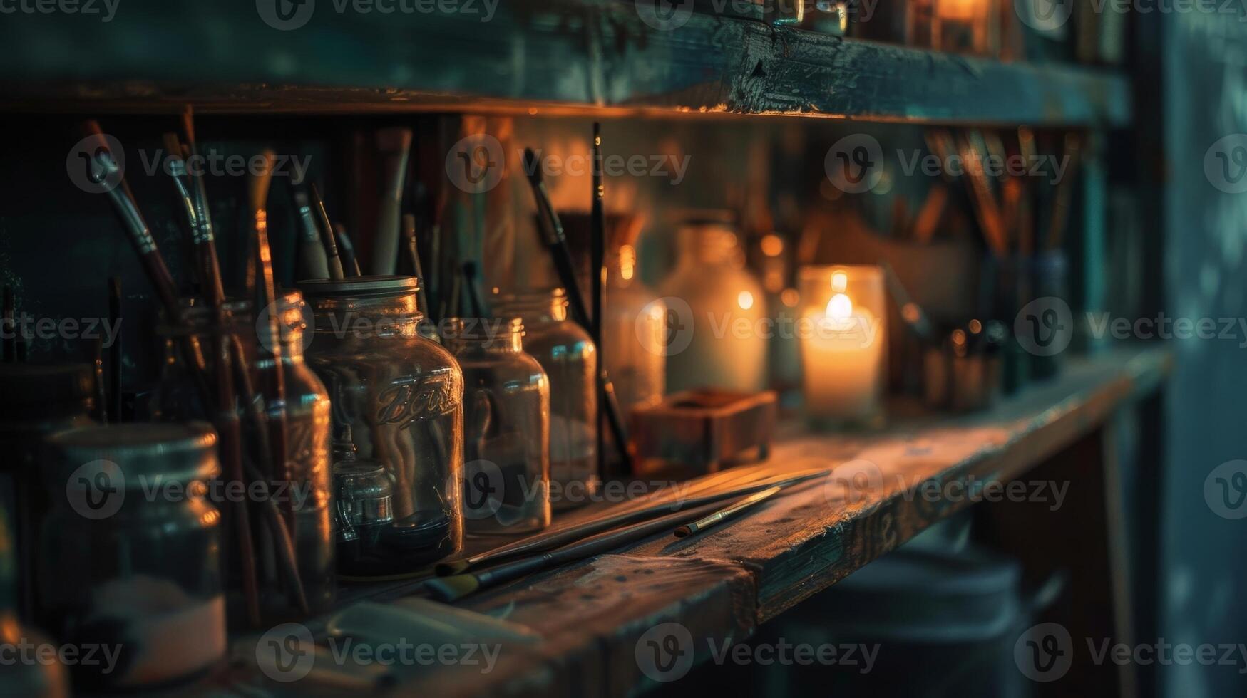 The shelves are lined with jars of brushes paints and other art supplies casting long shadows in the dim candlelight. 2d flat cartoon photo