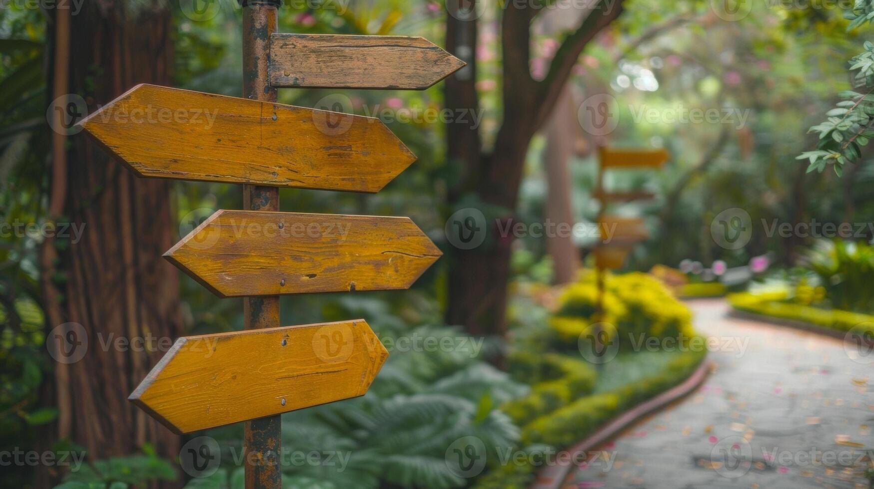 Blank mockup of themed directional signs matching the theme of each area within the park photo