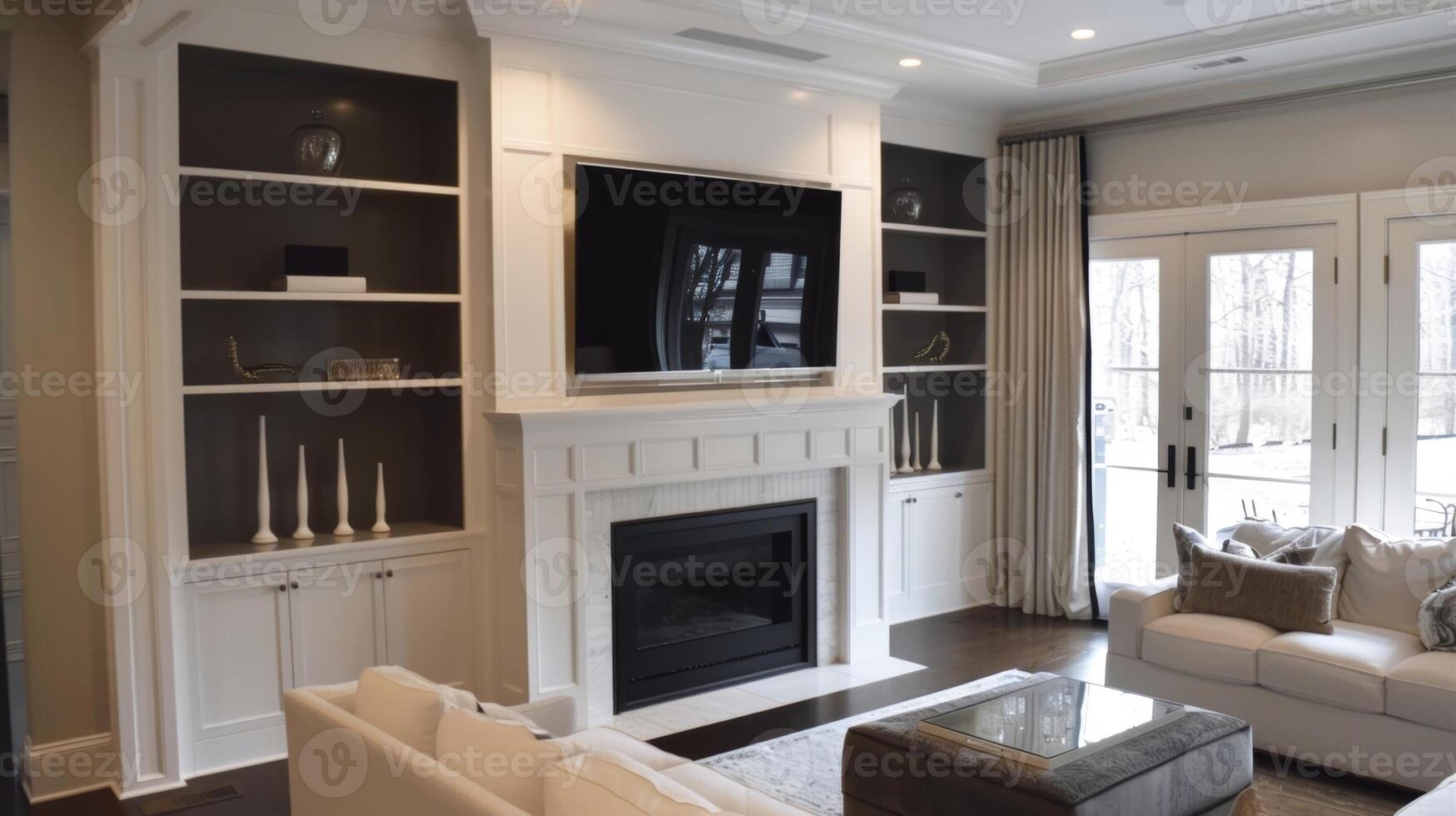 The simplicity of the fireplace and builtin TV make it a versatile design element that can fit seamlessly into any decor style. 2d flat cartoon photo