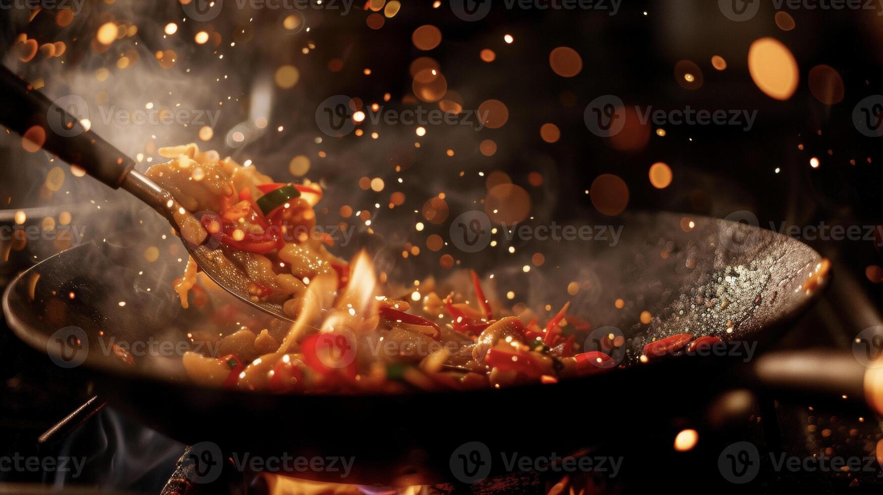 In the heat of the moment this flaming wok stirfry is a sight to behold. With each toss of the spatula the ingredients dance to the rhythm of the fire photo