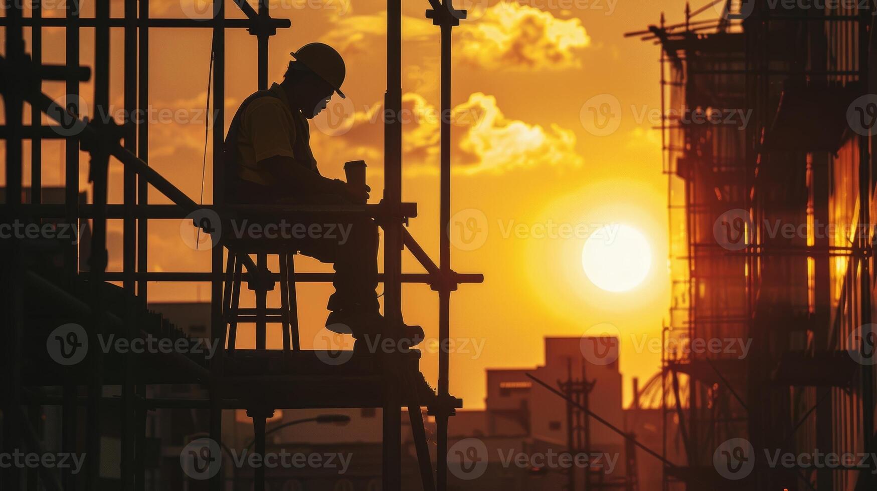 A worker sitting on a stool surrounded by scaffolding enjoying their coffee as the sun sets in the background photo