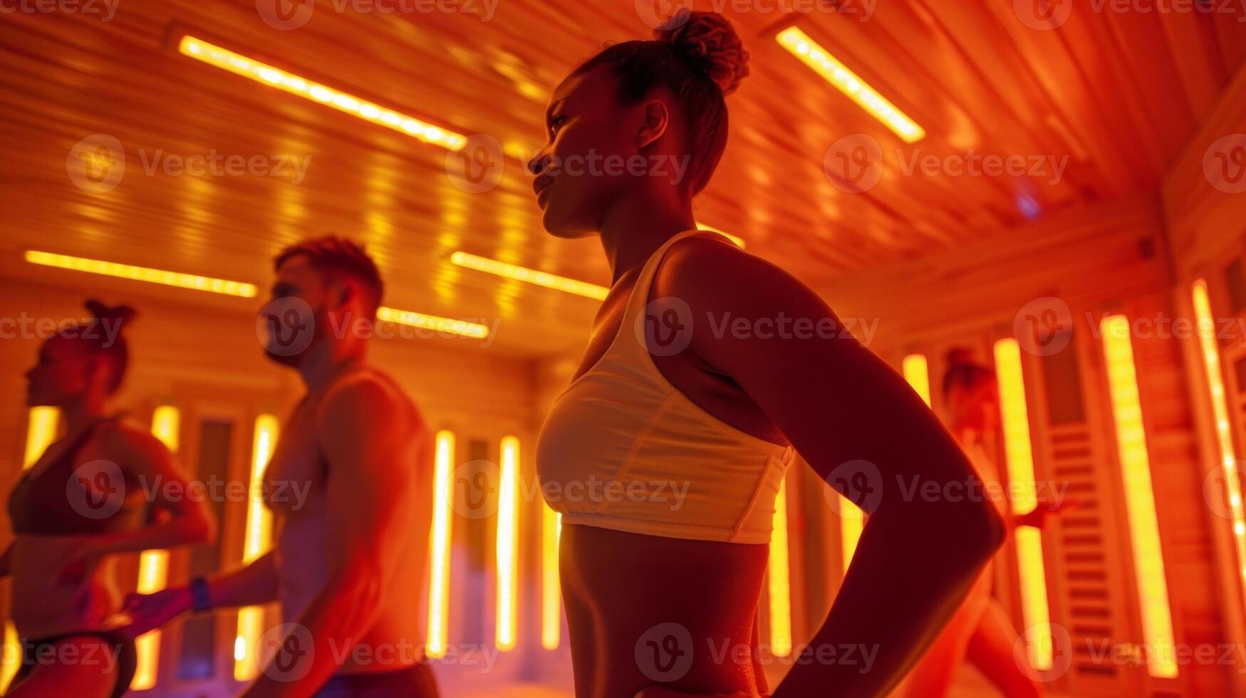 A group of individuals performing a dynamic warmup inside an infrared sauna using the heat to increase their flexibility and range of motion. photo