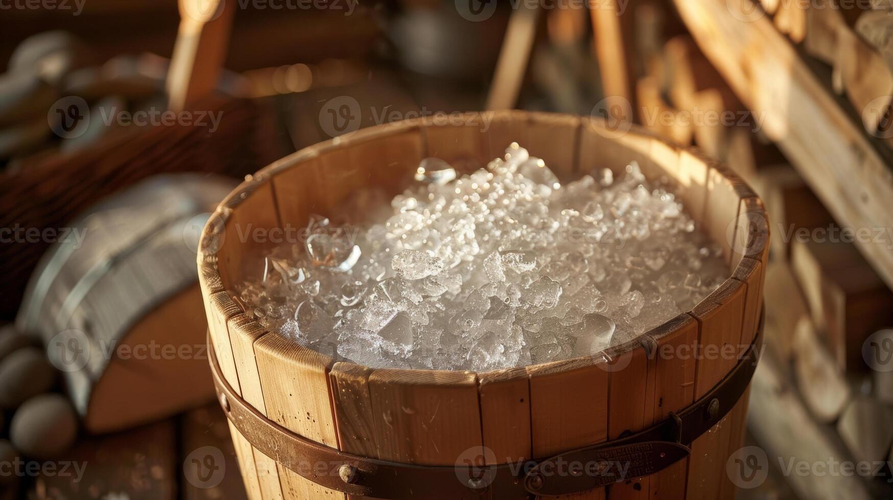 un de madera Cubeta lleno con frío como hielo agua usado en alterno con el sauna a promover circulación y vigorizar el cuerpo. foto