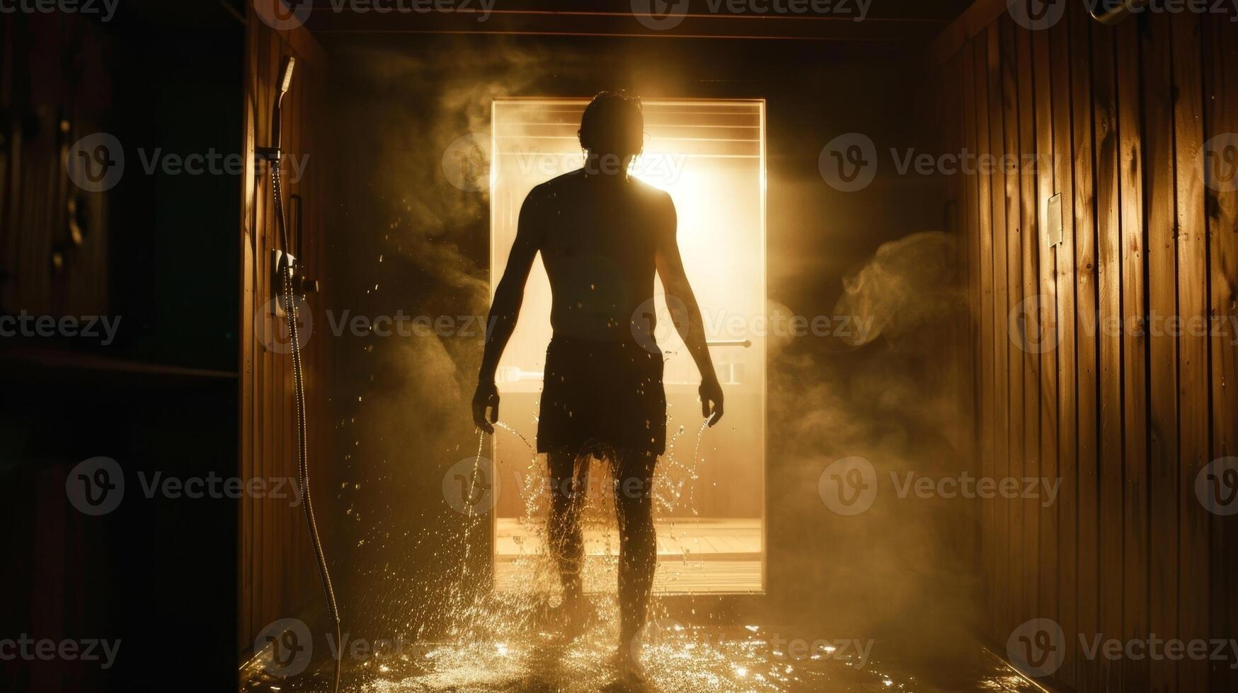A person stepping out of the sauna to take a cool shower signaling the proper way to cool down before reentering. photo