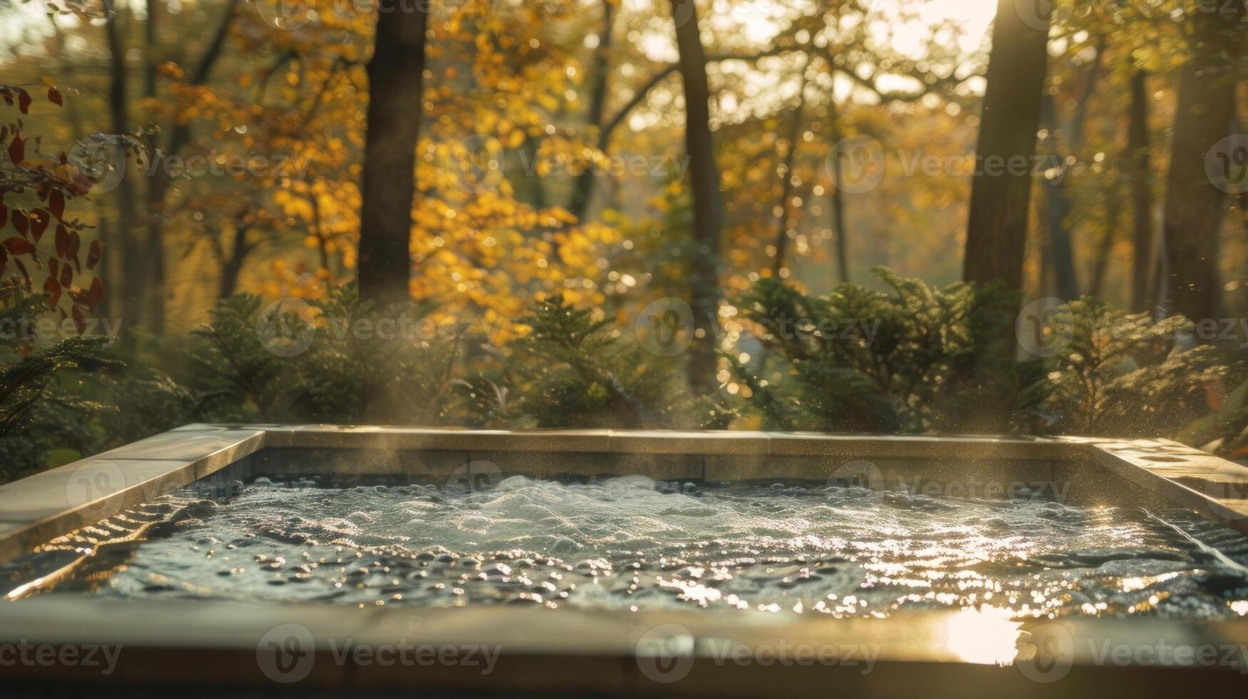 The gentle rustling of leaves in the nearby trees adds a natural soundtrack to the tranquil spa experience. 2d flat cartoon photo
