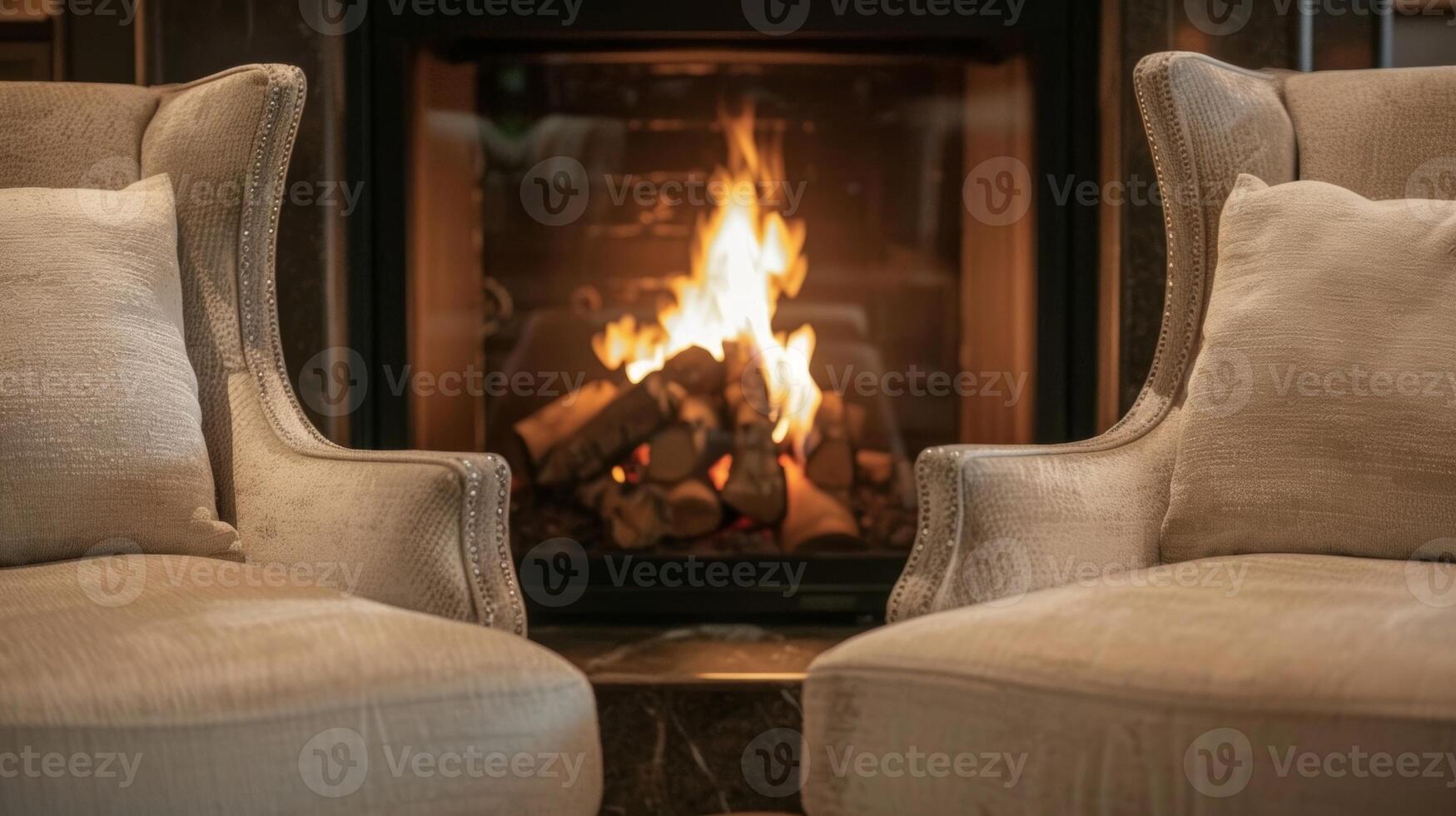 Two plush armchairs face the elegant fireplace inviting guests to relax and unwind in front of the flickering flames. 2d flat cartoon photo