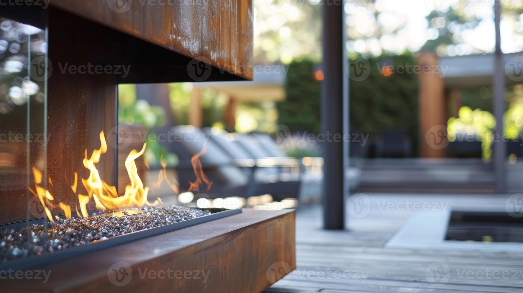 A contemporary fireplace blending wood and metal materials in a modular design for a modern look. 2d flat cartoon photo