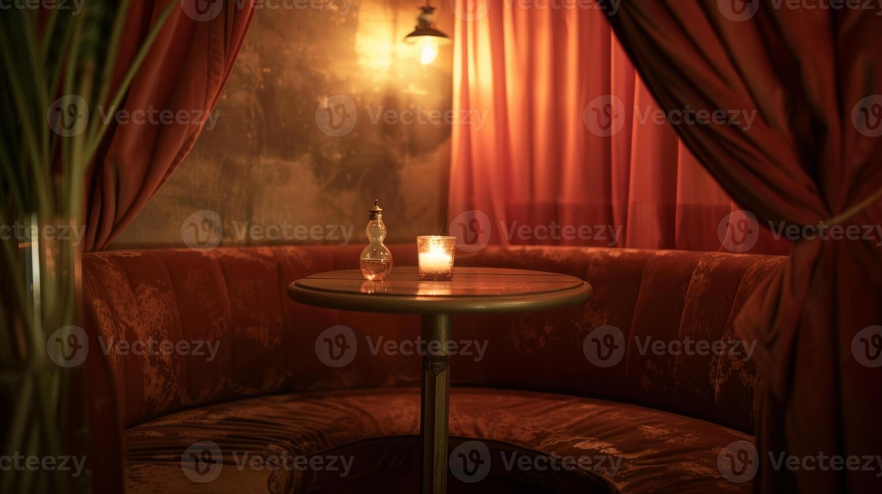 A cozy corner booth with a small table adorned with a flickering candle and a plush velvet curtain providing privacy. 2d flat cartoon photo
