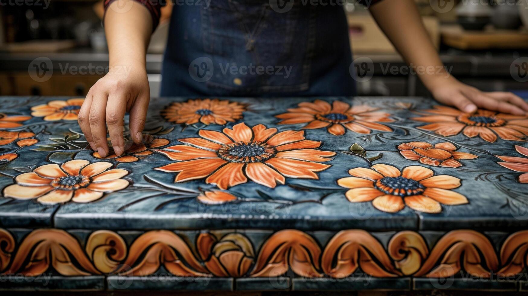 A kitchen counter being transformed with a oneofakind tiled design incorporating delicate floral motifs and bold colors for a truly unique and artistic touch photo