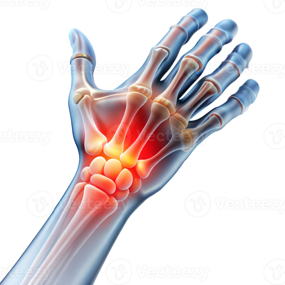 Anatomical representation of a hand with highlighted inflamed joints png