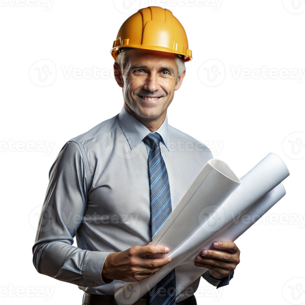 Confident engineer with plans wearing a safety helmet png