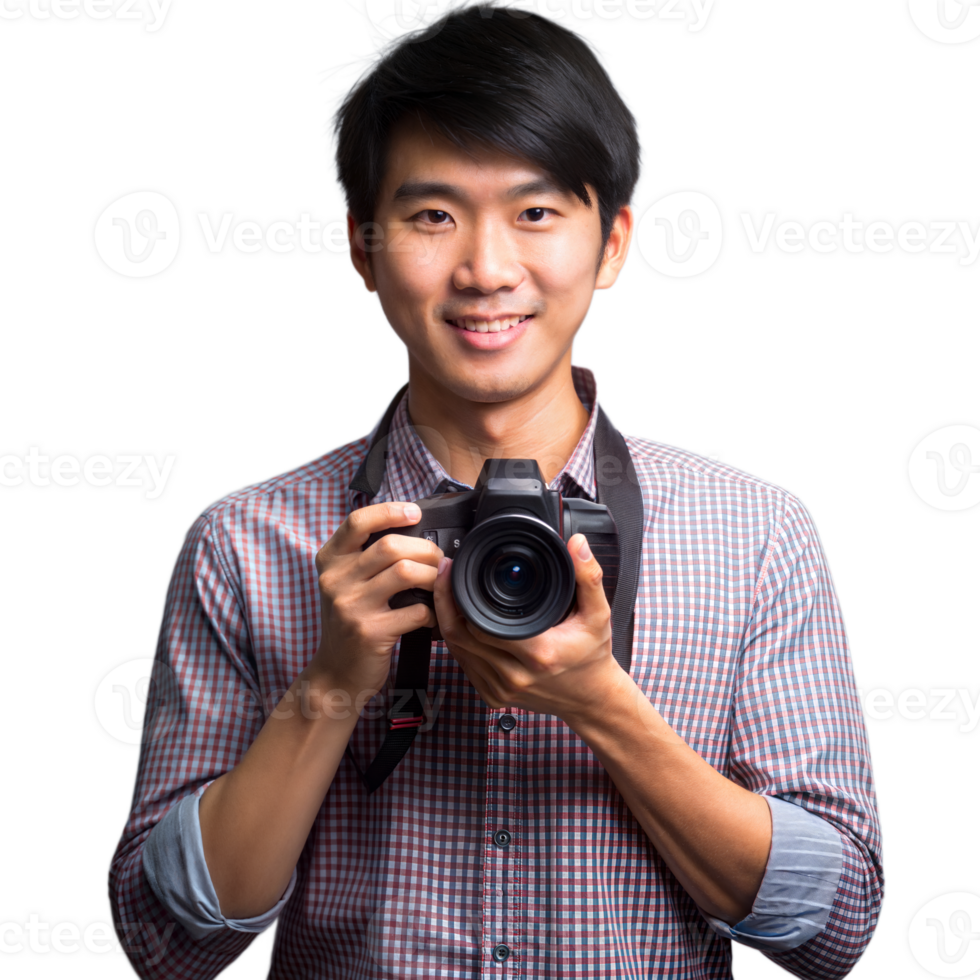 A cheerful man with a camera, preparing to take a photo png
