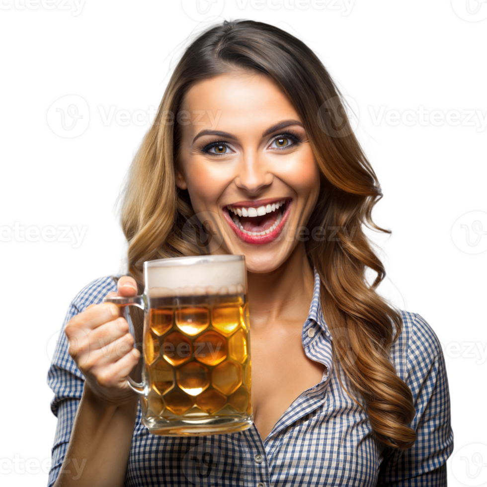 Cheerful lady toasting with a mug of beer png