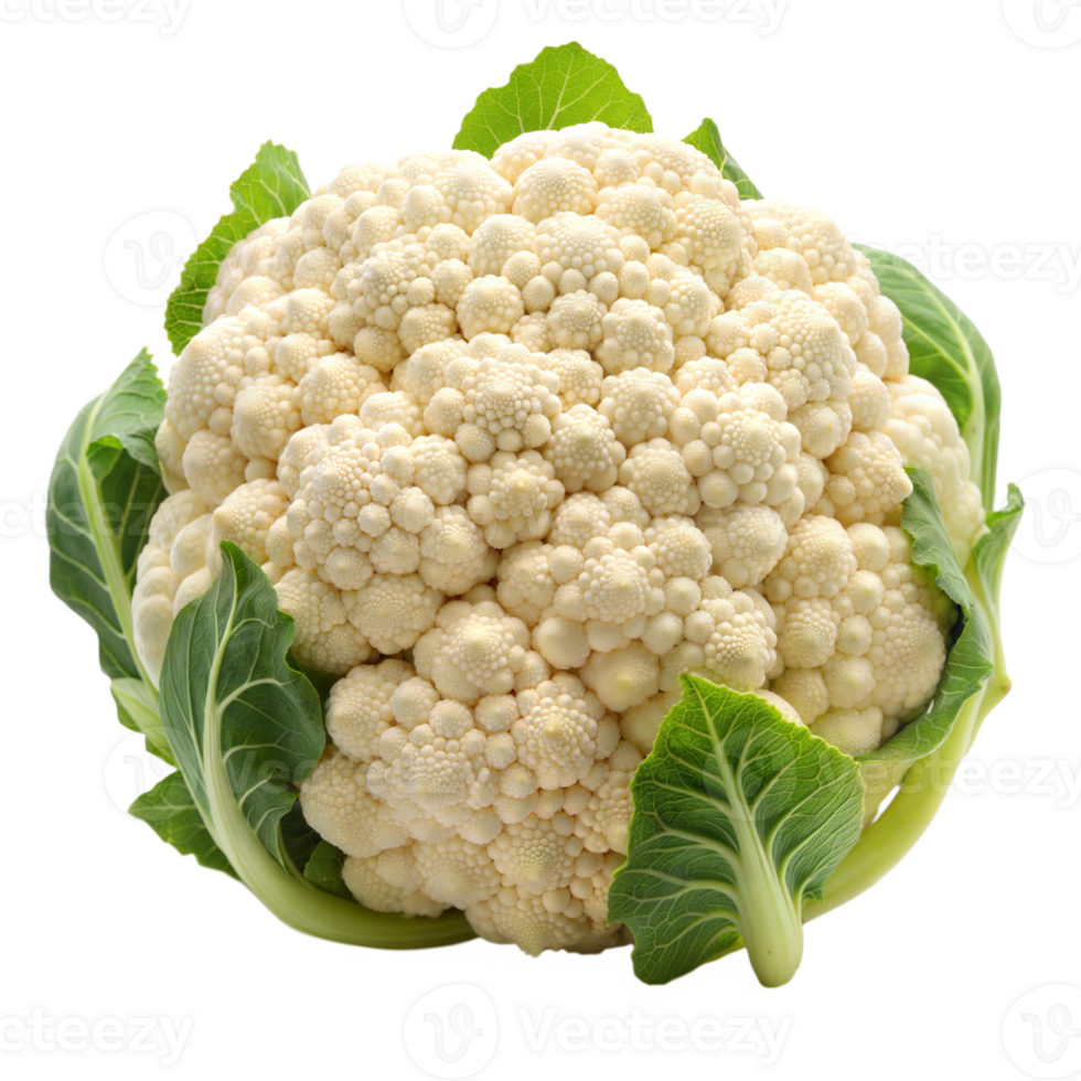 A whole cauliflower with its green leaves on transparent png