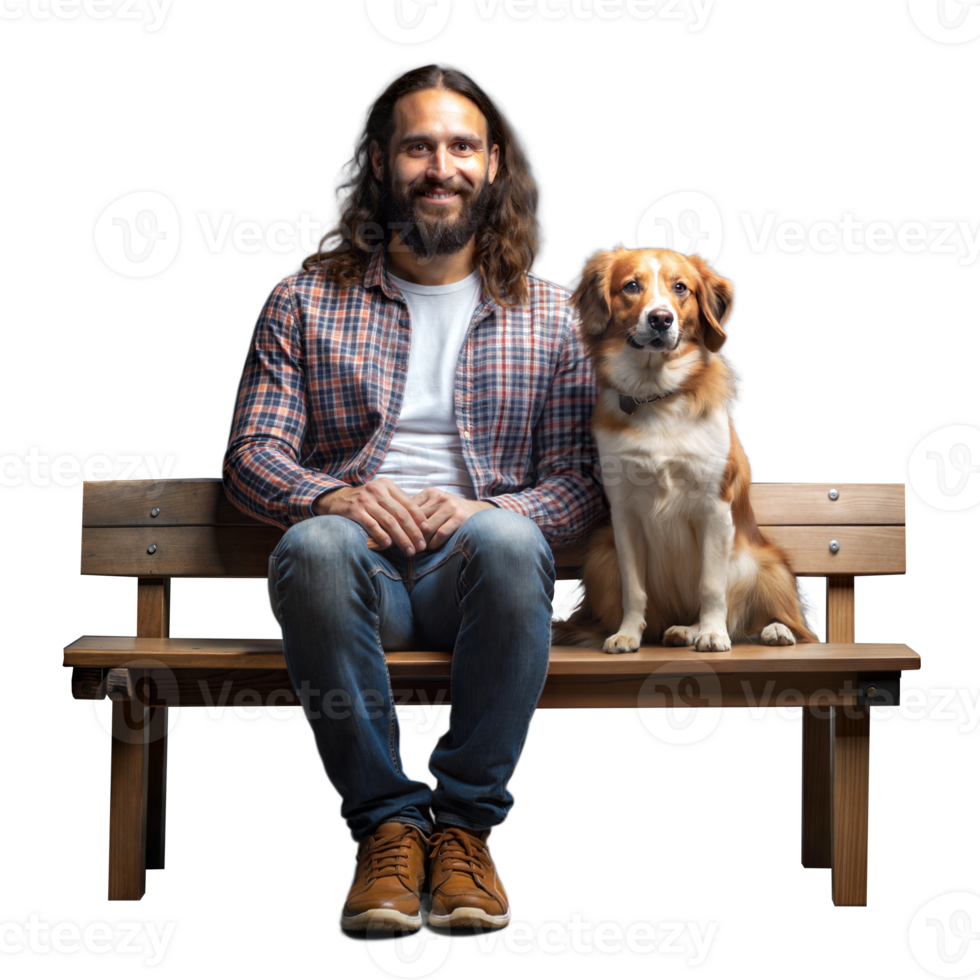 A happy man and his dog pose together on a bench png