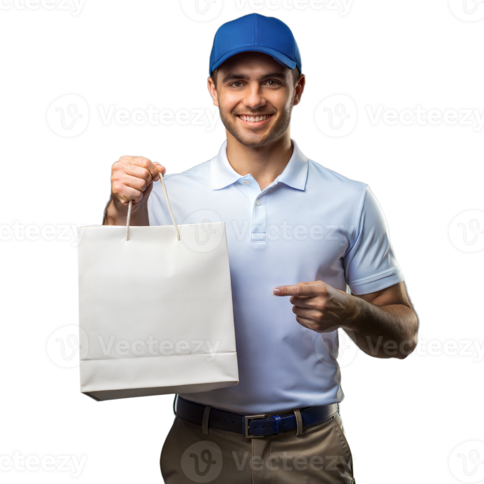 Cheerful courier holding and pointing at a package png