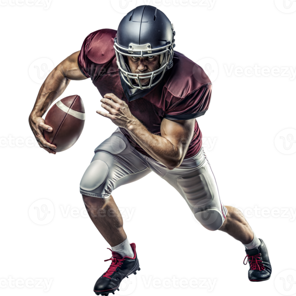 Football player in action pose holding a ball, isolated on transparent png