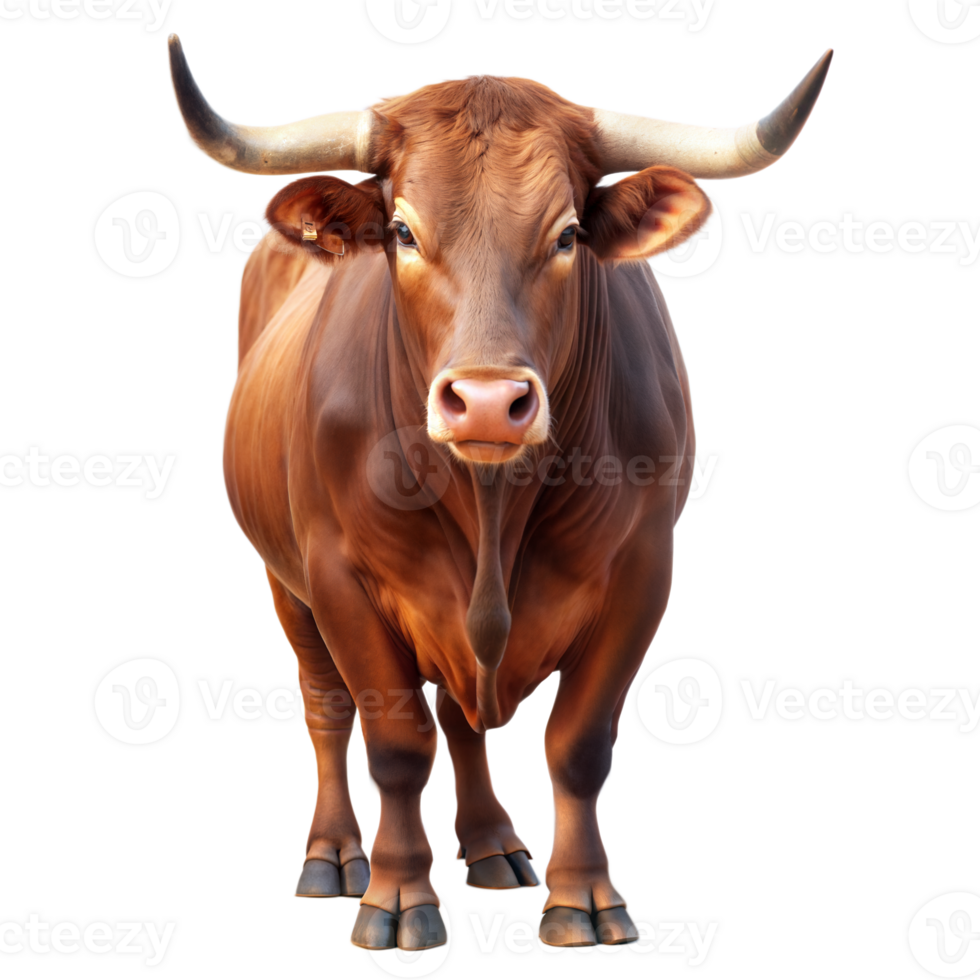 Brown cow with large horns standing in front of a transparent
